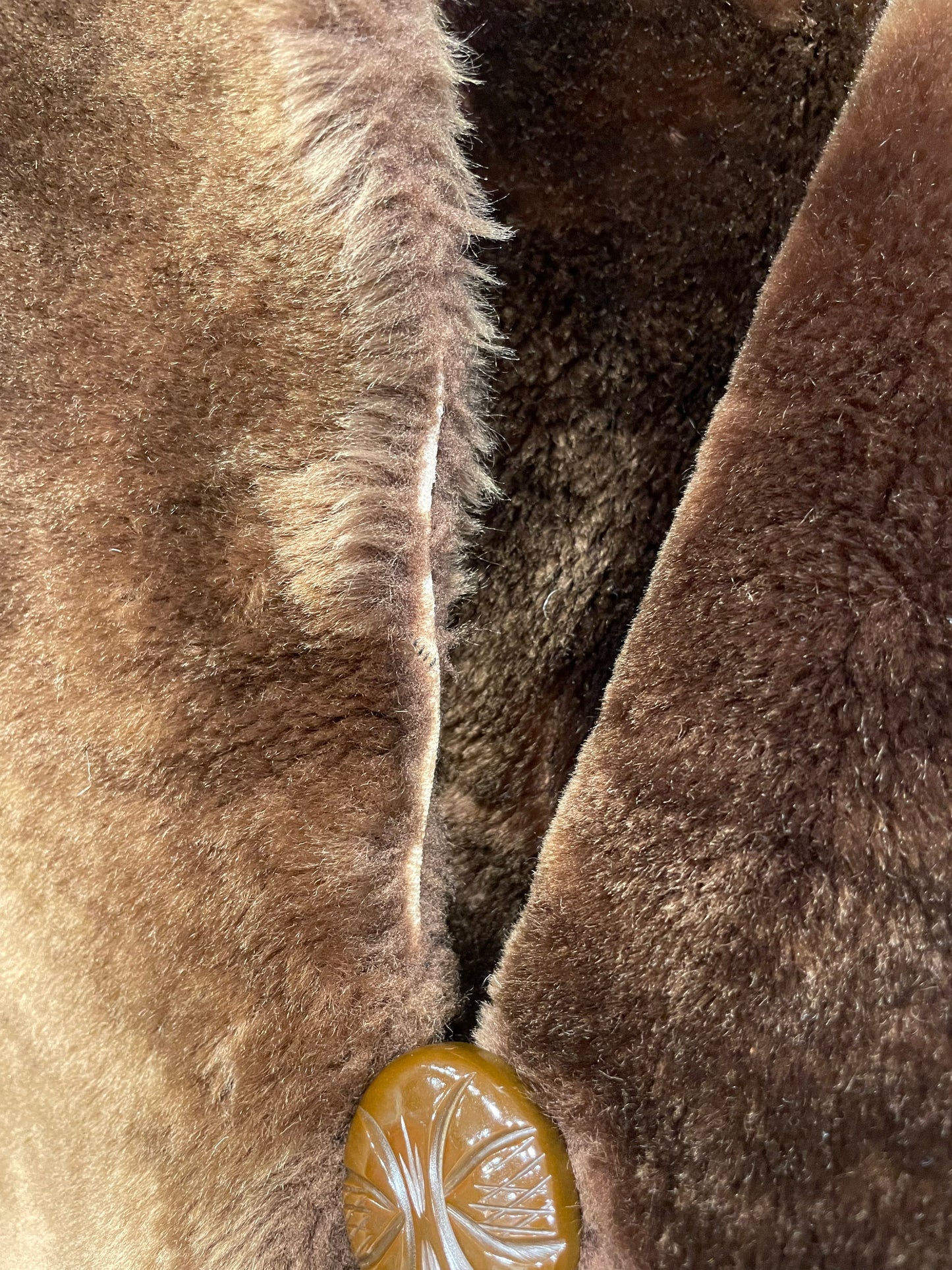 1930s Brown Mouton Dense Pile Satin-Lined Cocoon Coat