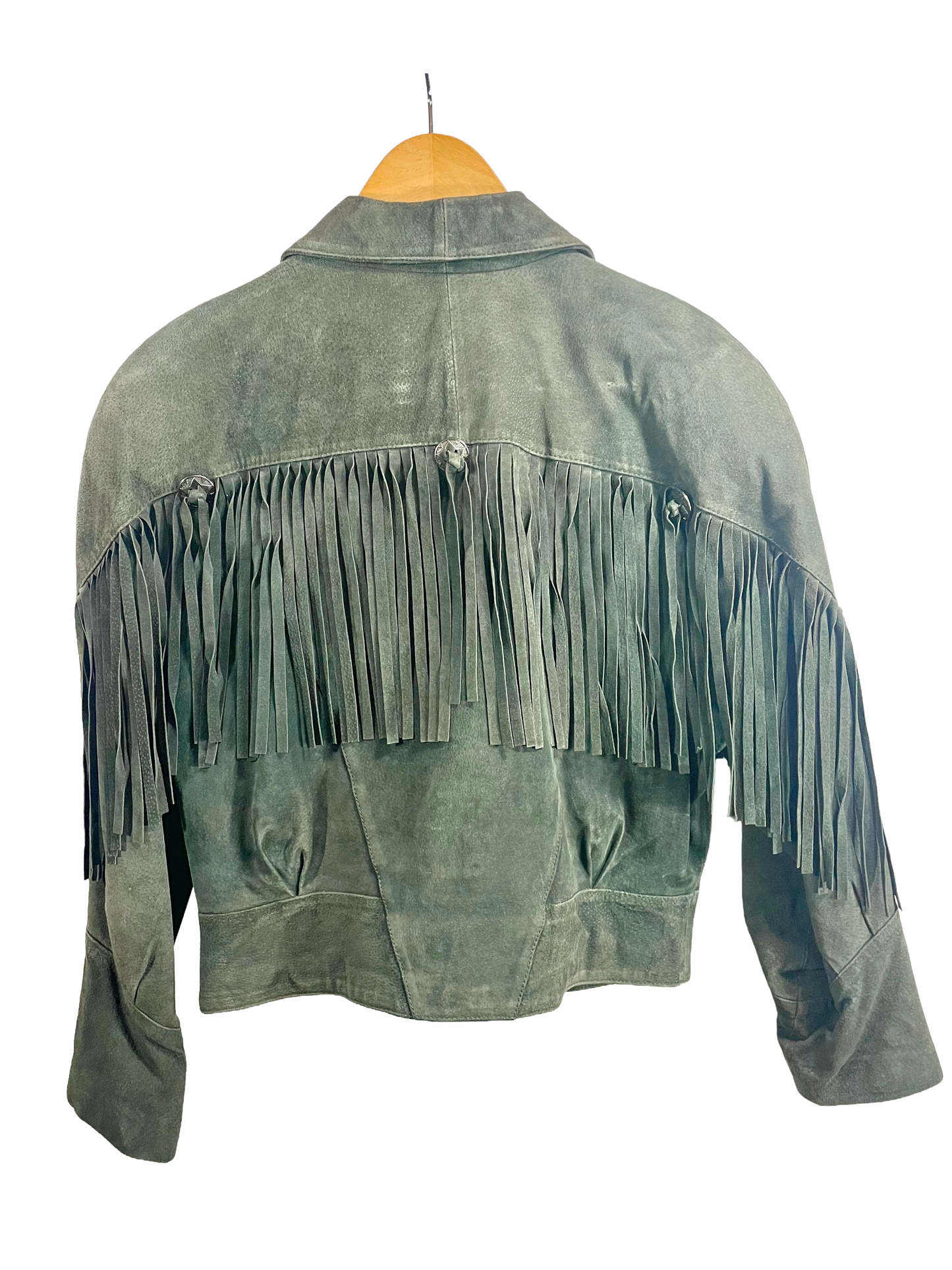 1980s Hunter Green Long Shag Fringe Double-Breasted Crop Leather Jacket
