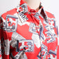 1970s Red Abstract Newspaper Print Polyester Blouse