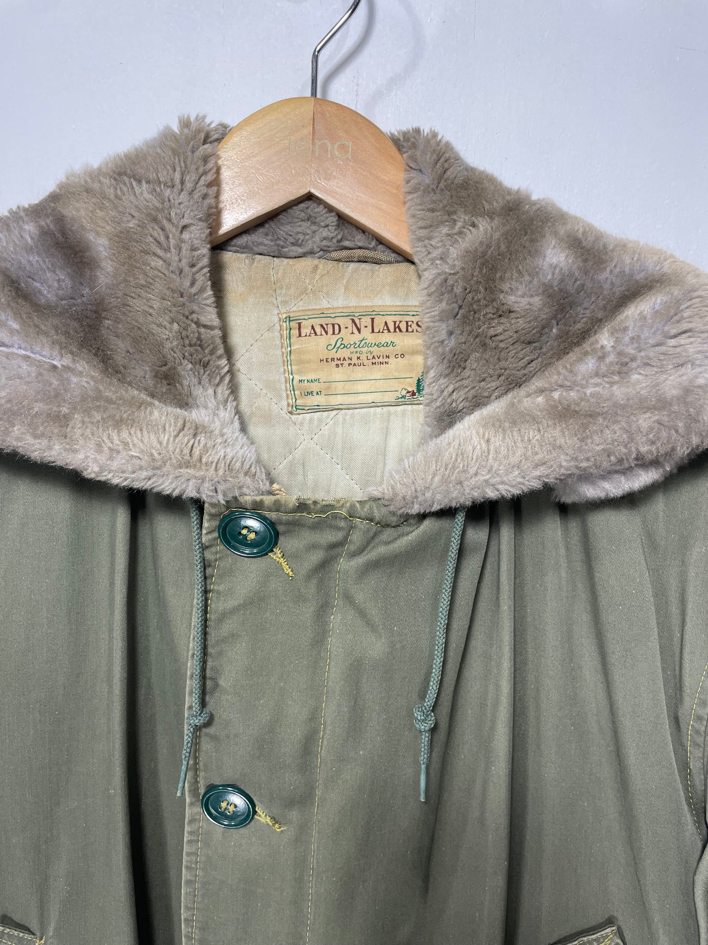 1950s Olive Drab Gab Shell Land-N-Lakes Parka Flat Hood Parka