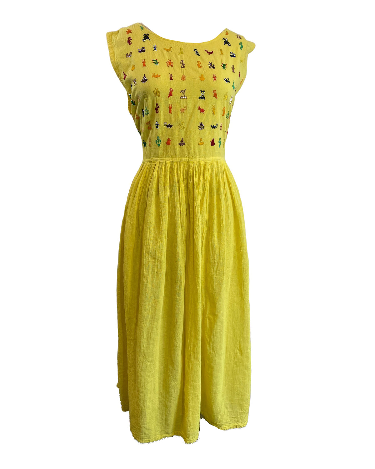 1980s Yellow Embroidered Cotton Gauze Tie-Back Maxi Dress