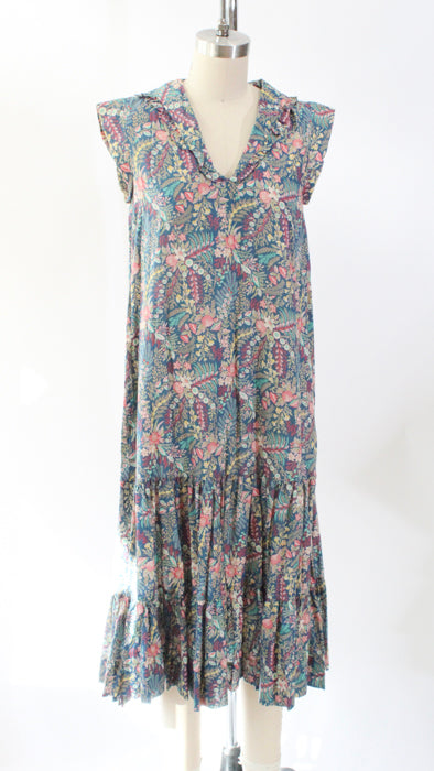 1970s Blue Coral Detail-Rich Floral Print Cotton Vest Dress Set