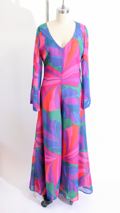 1970s Jewel Tones Abstract Print Silk Crepe Jumpsuit