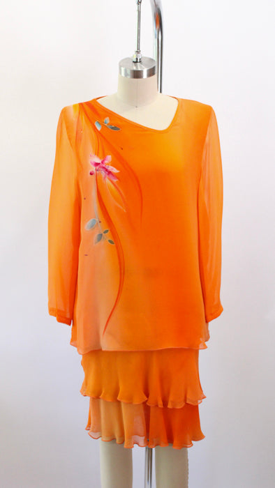1970s Orange Painted Silk Crepe Layered Shift Dress