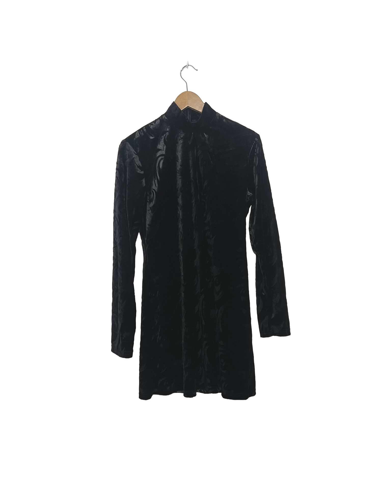 1990s Black Flocked Velour Mockneck Mini Dress
