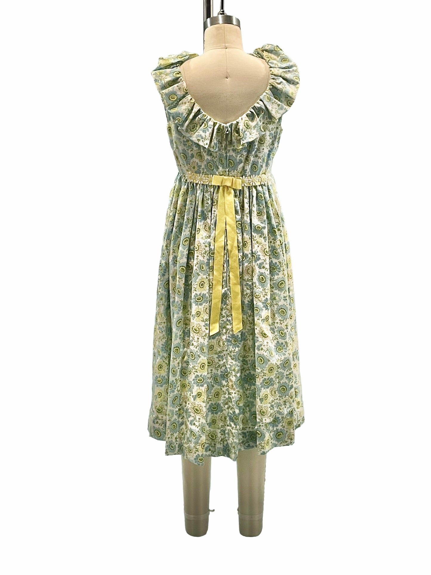 1970s White Blue Yellow Floral Print Ruffle Scoop Back Dress