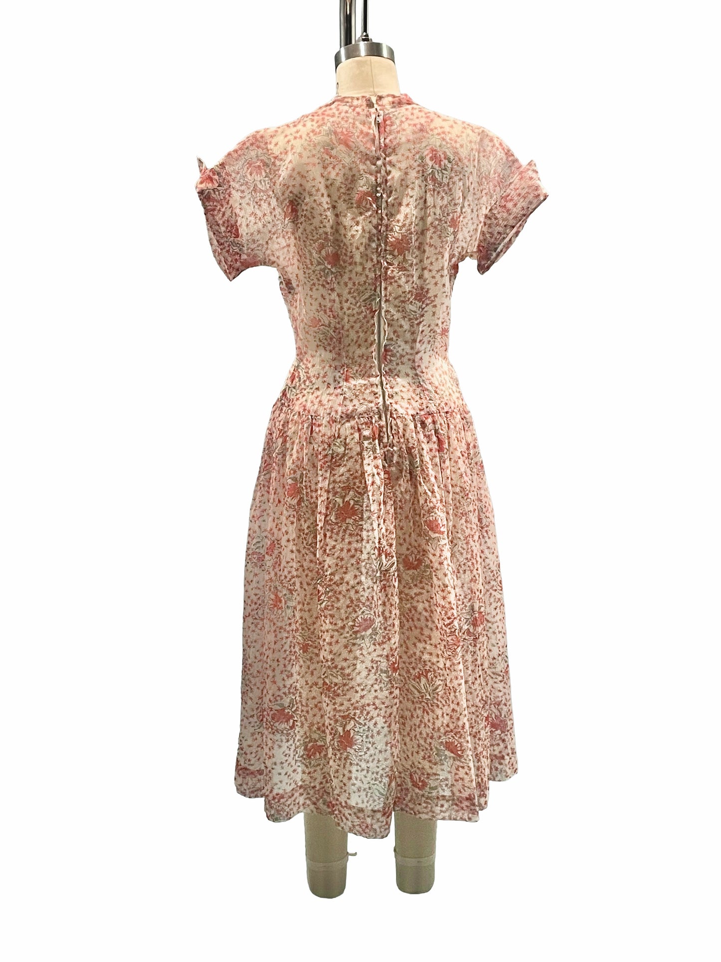 1950s Atomic Coral Rhinestone Sheer Seersucker Garden Party Dress