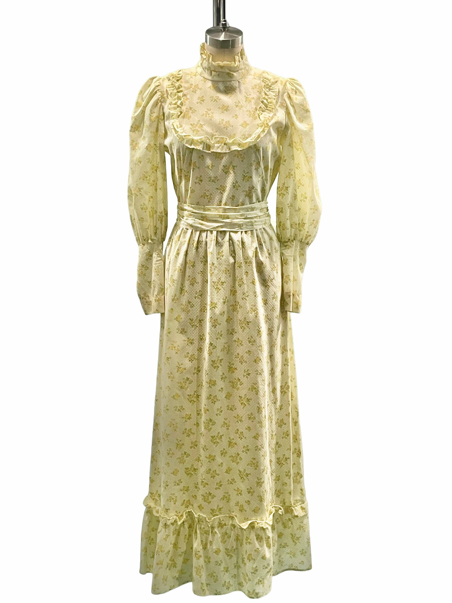 1970s Pale Yellow Floral Swiss Dot Ruffle Prairie Dress