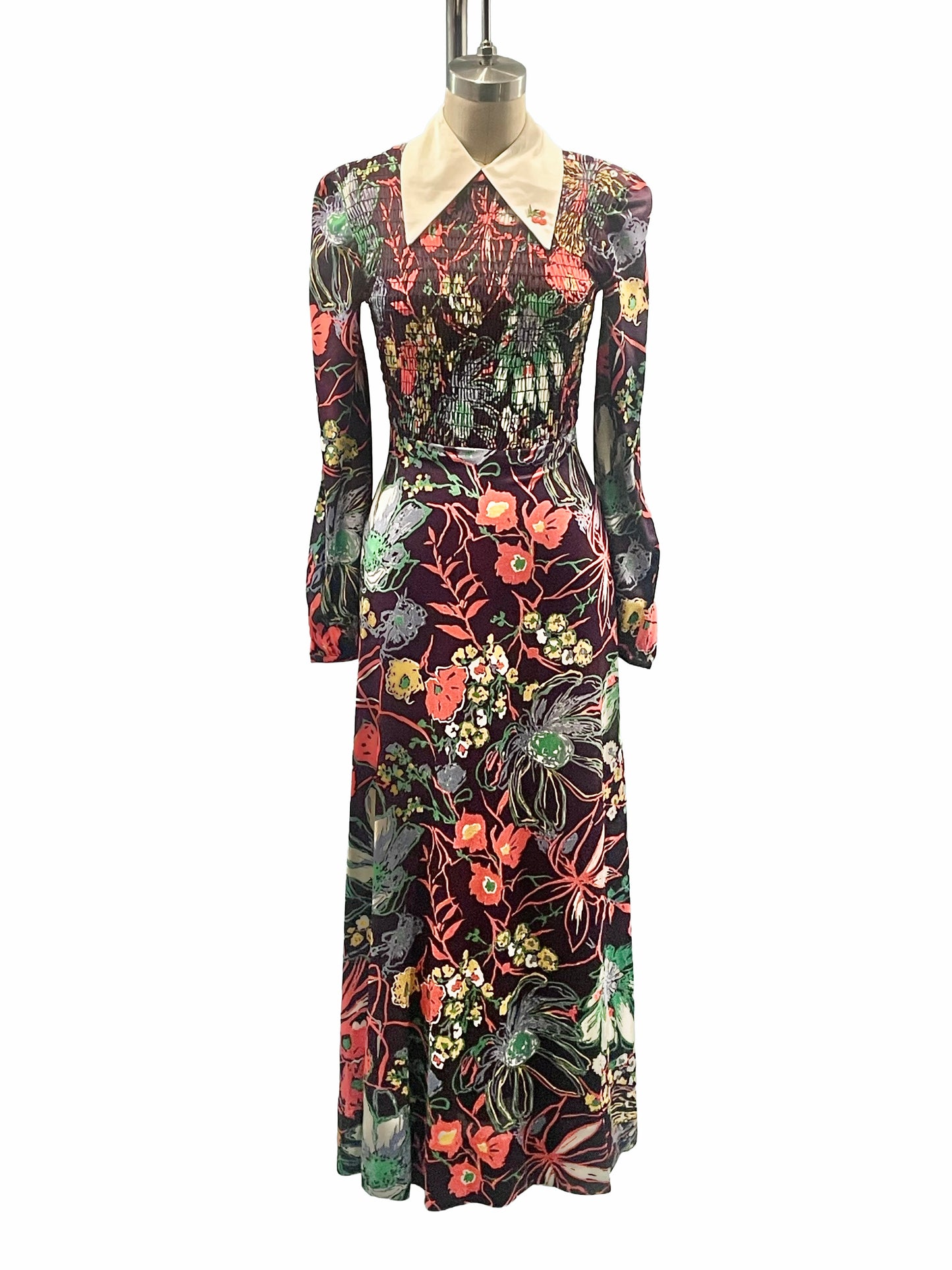 1970s Aubergine Garden Print Dagger Collar Smocked Nylon Maxi Dress