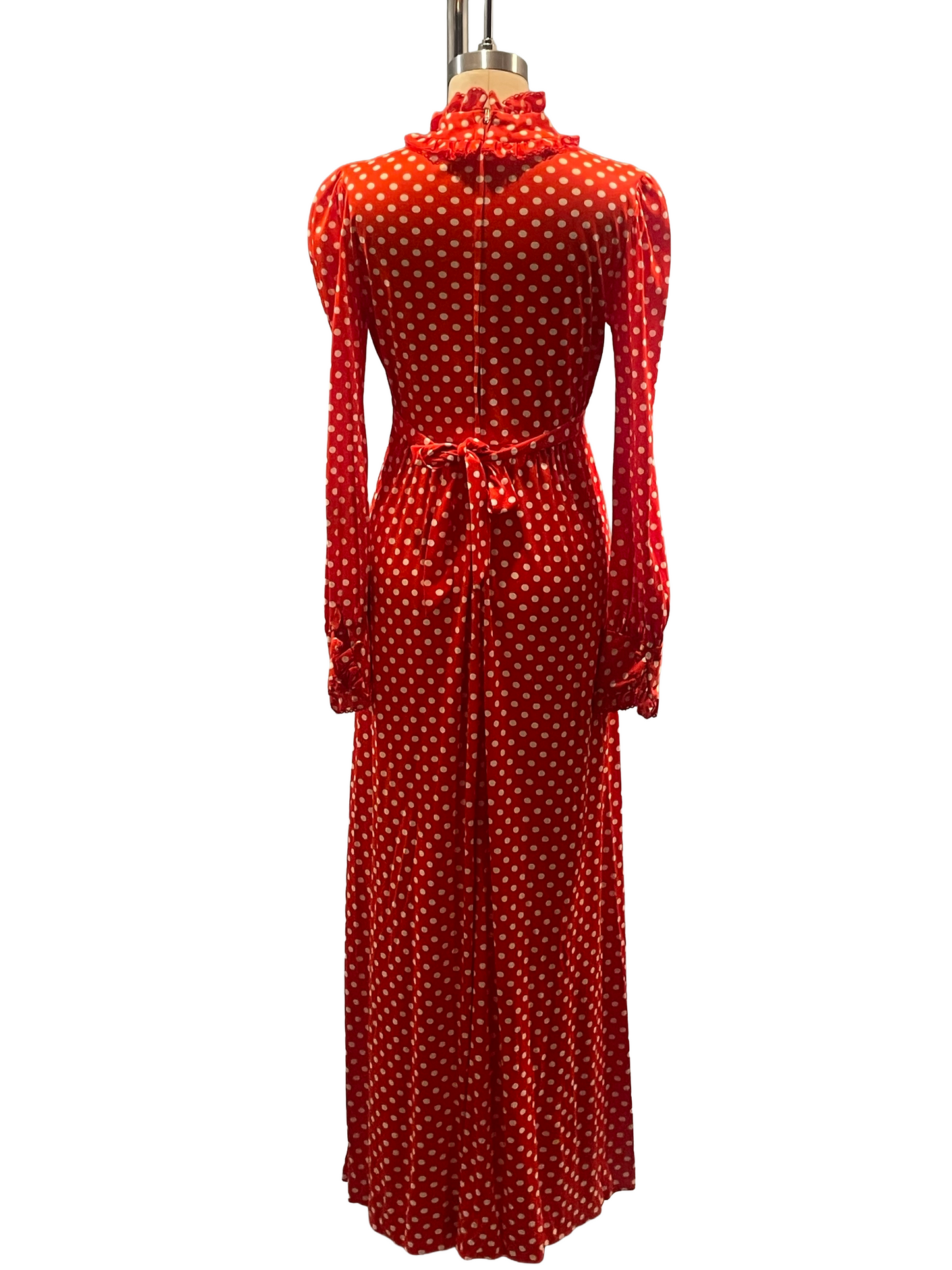 1970s Red White Poly Polka Dot High Neck Ruffle Maxi Dress