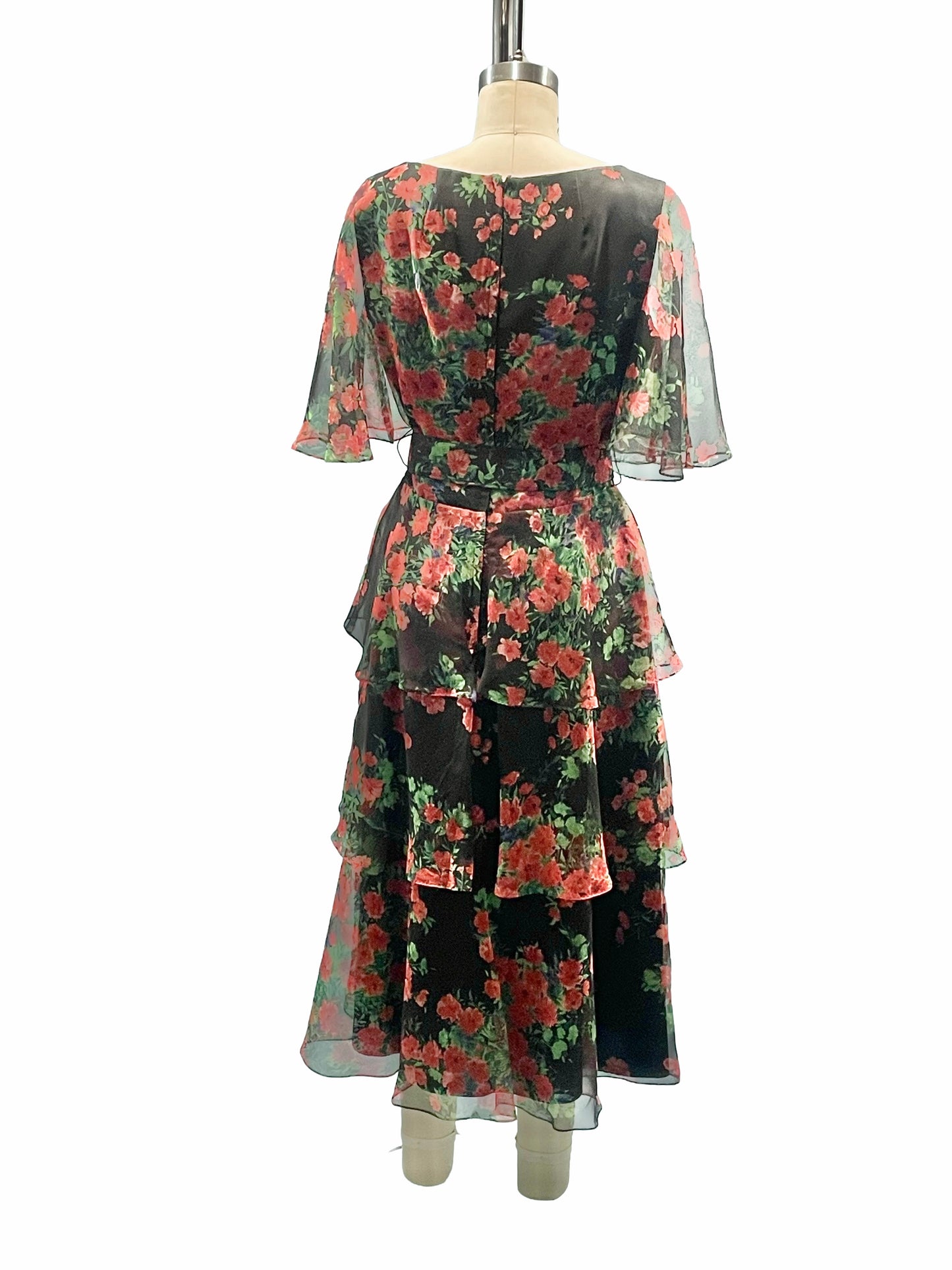 1970s Black Rose Print Miss Elliette Floral Chiffon Overlay Tiered Maxi Dress