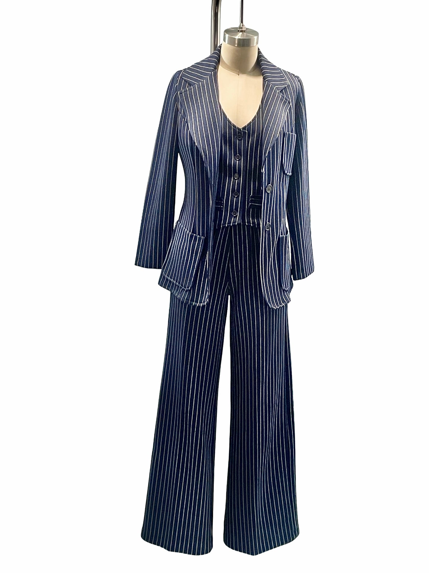 1970s Navy White Tailored Pinstripe Poly Knit 3-Piece Suit