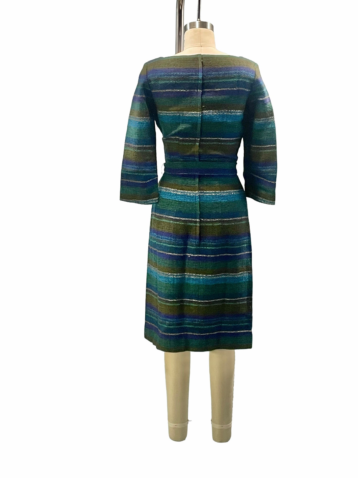 1960s Blue Green Wool Stripe Square Neckline Belted Wiggle Dress