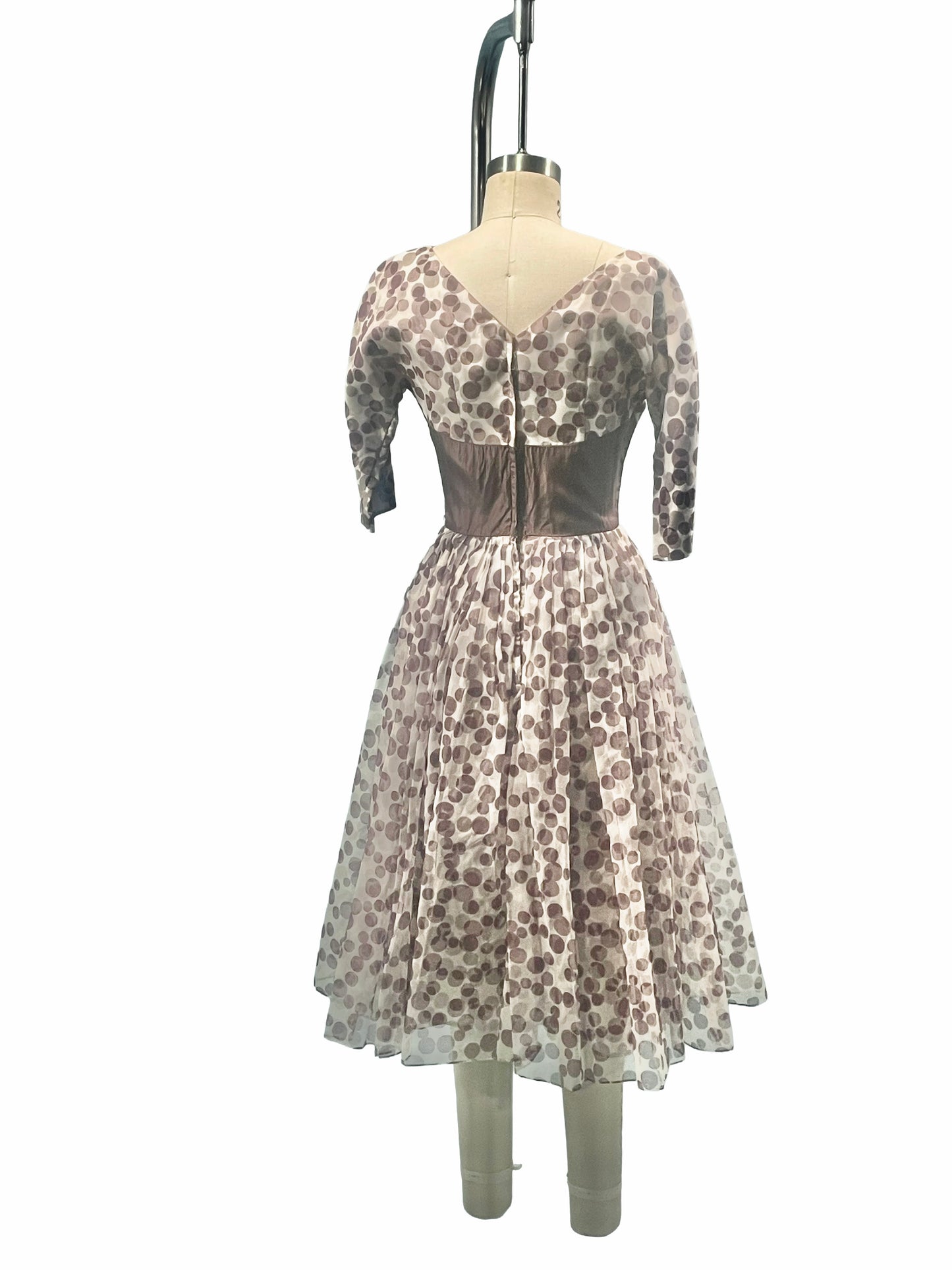 1950s Brown Cream Dotty Print Organza Satin Bow Party Dress