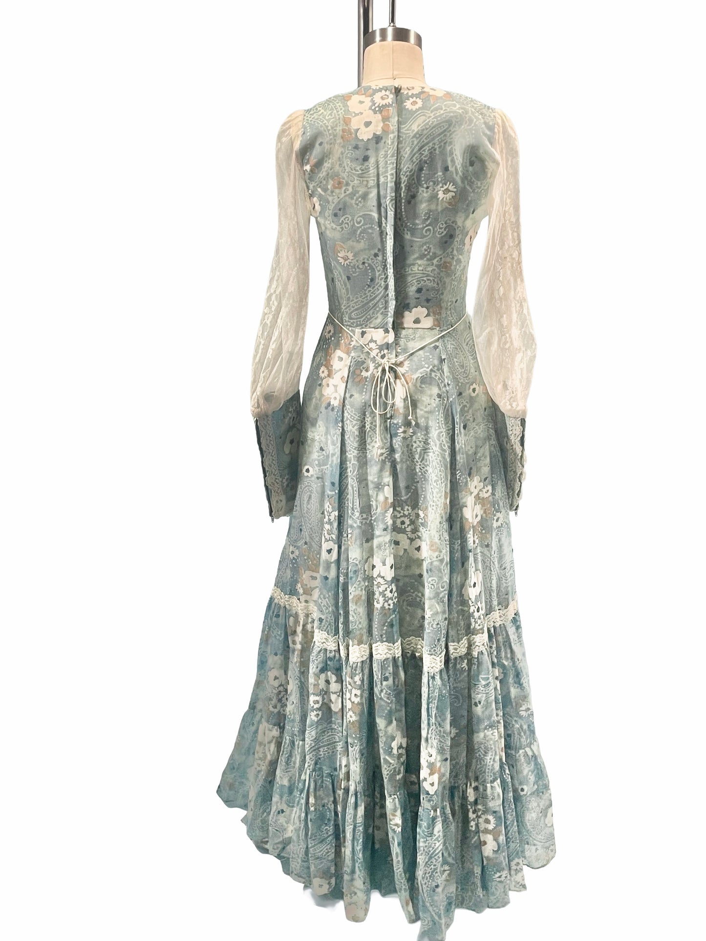 1970s Ocean Blue Gunne Sax Jessica McClintock SF Zip Cuff Lace Paisley Cotton Prairie Maxi Dress