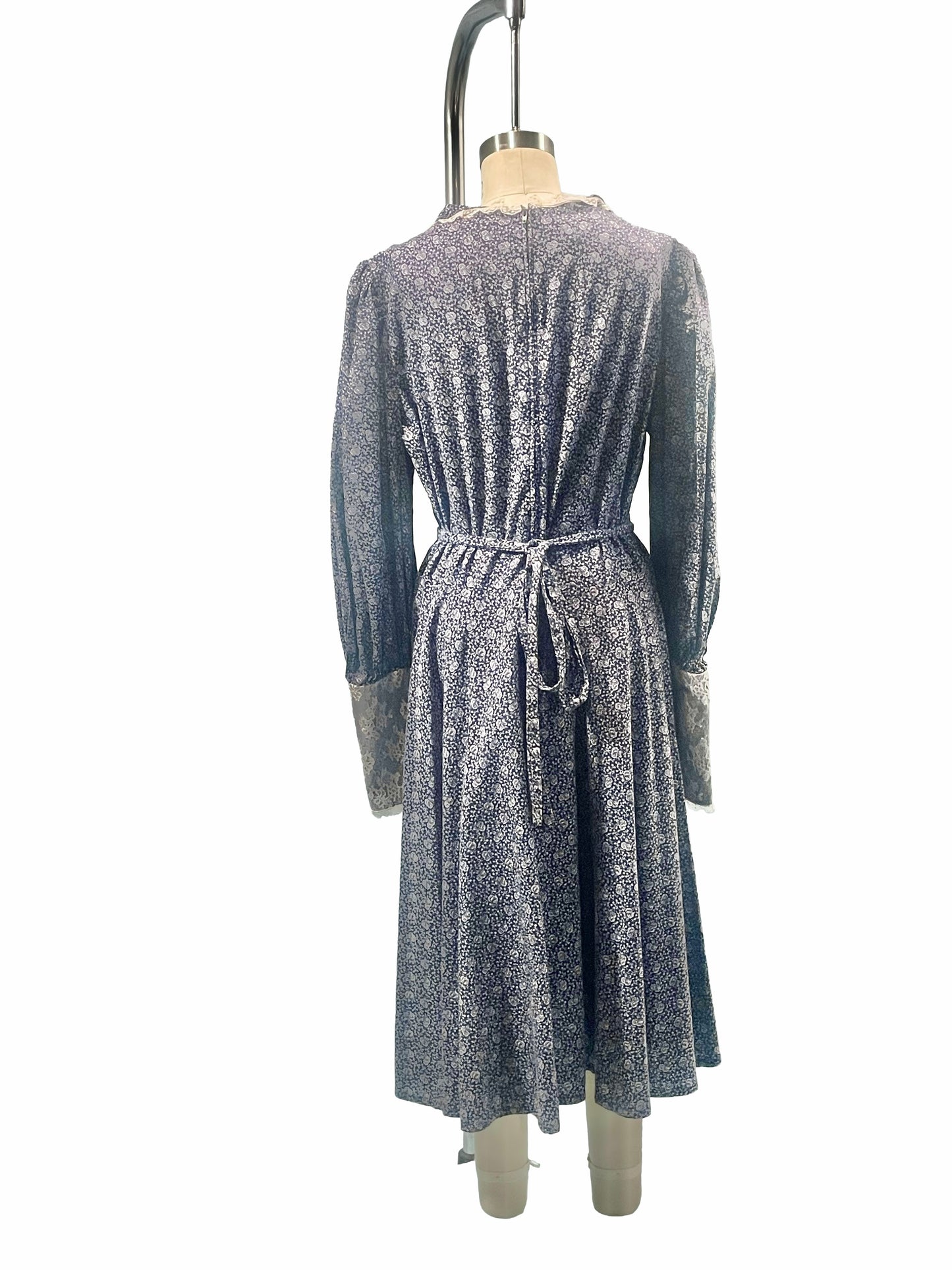 1970s Blue Ditsy Floral Gunne Sax Style Maxi Dress