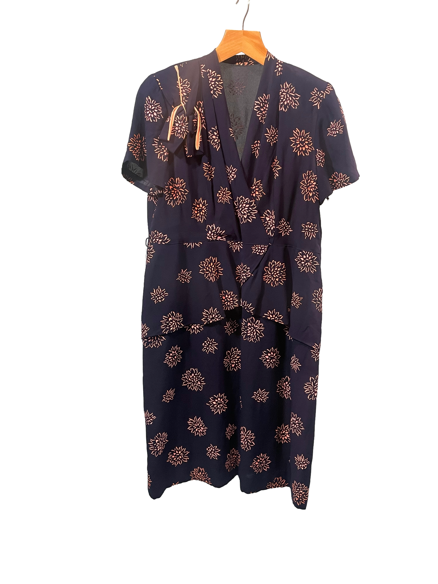 1940s Navy Pink Floral Print Peplum Rayon Formal Plus-Size Dress