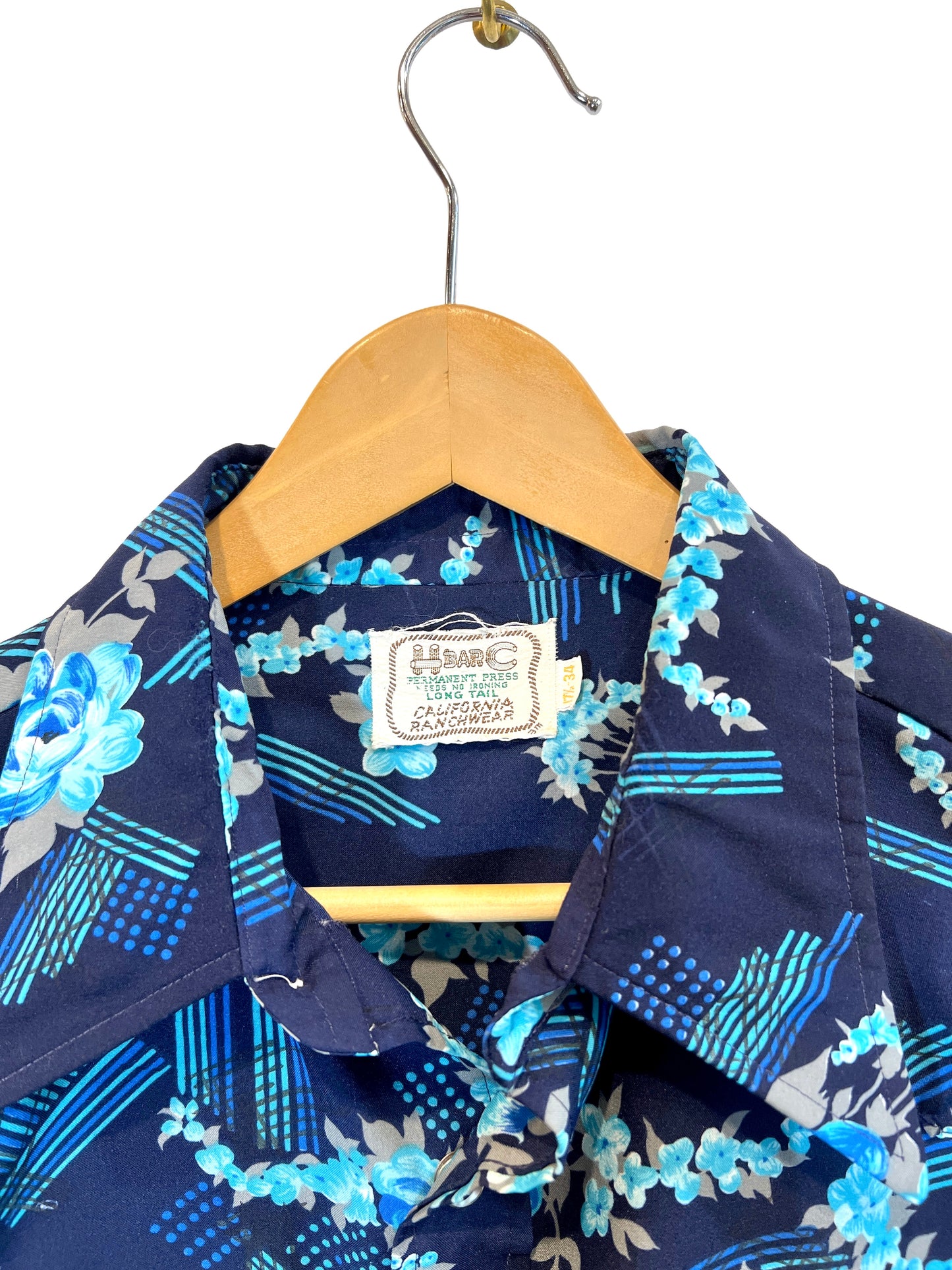 1970s Navy Blue Floral Poly Knit Snap Western Shirt