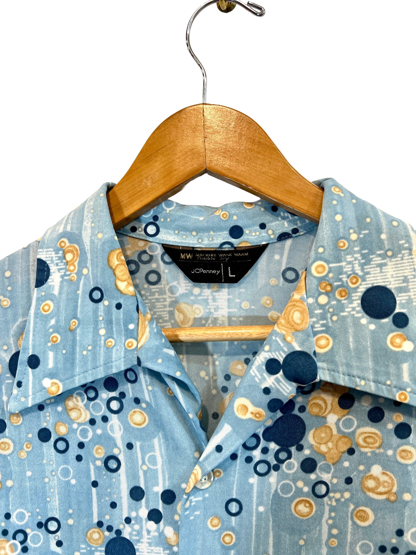 1970s Blue Tan Bubble Print Poly Knit Leisure Shirt