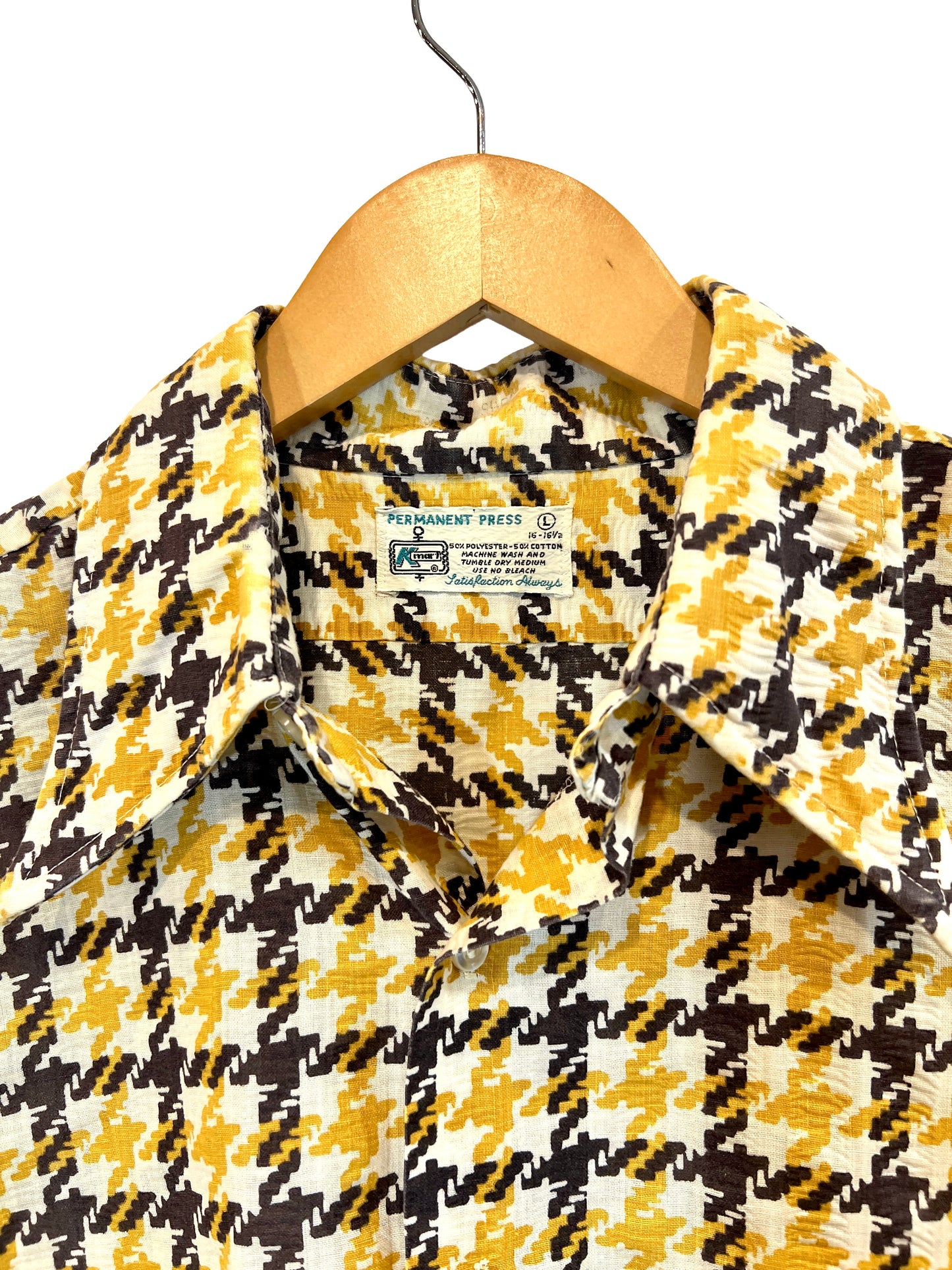 1970s Amber Brown Houndstooth Haze Cotton Weave SS Shirt