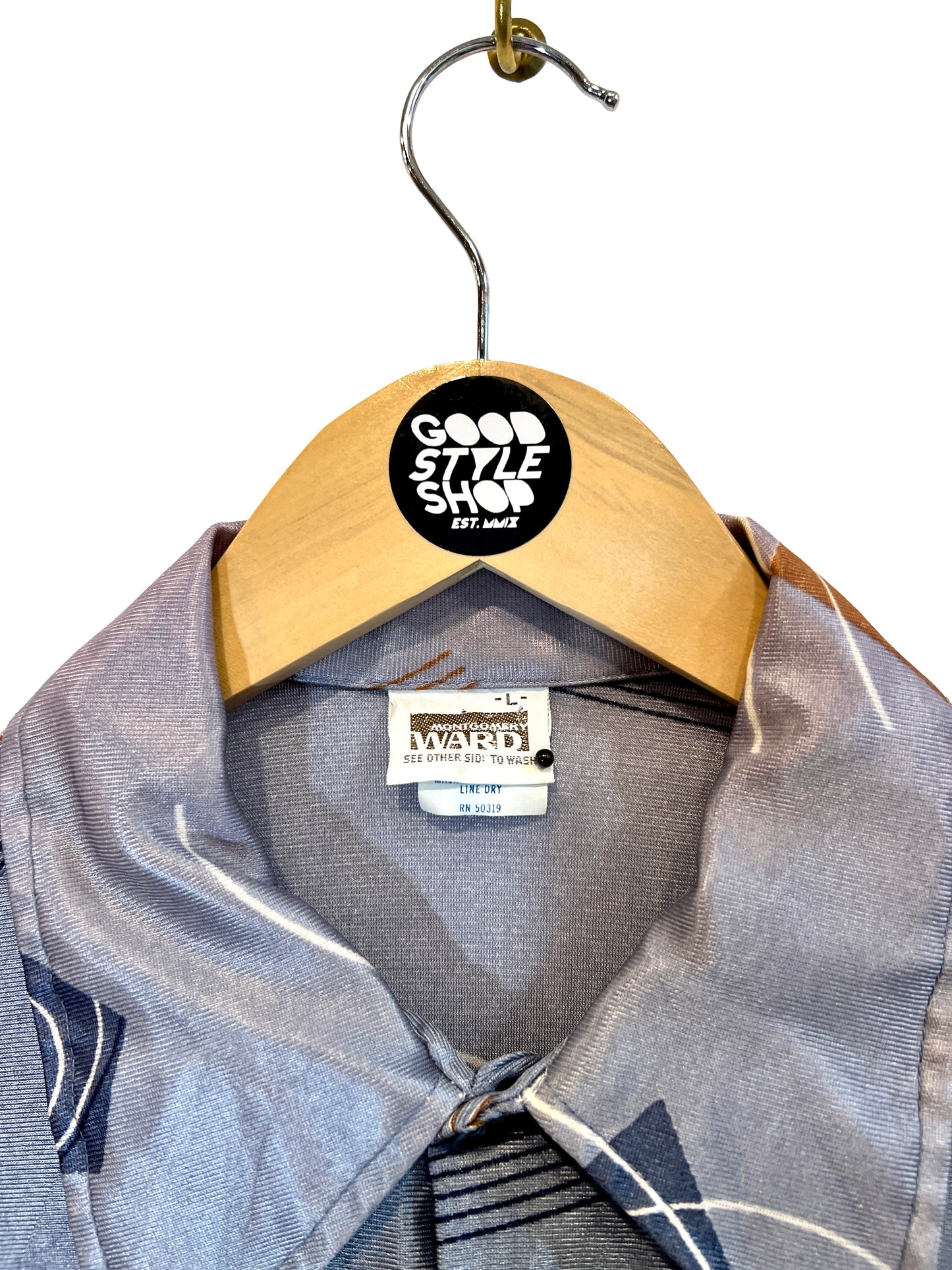 1970s Silver Blue Deco Geo Print Nylon Knit Leisure Shirt