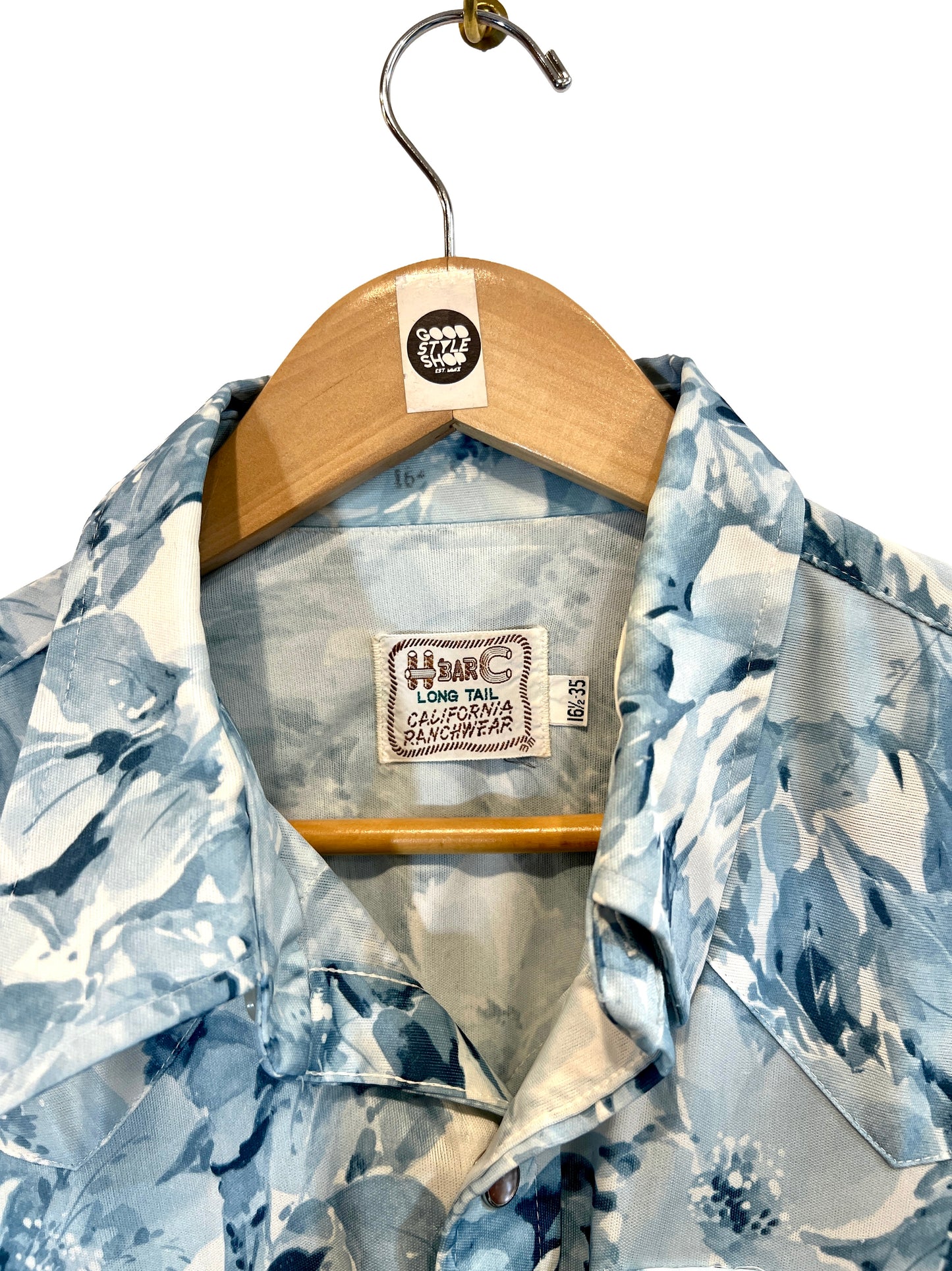 1970s Blue White Hazy Floral Nylon Knit Snap Western Shirt