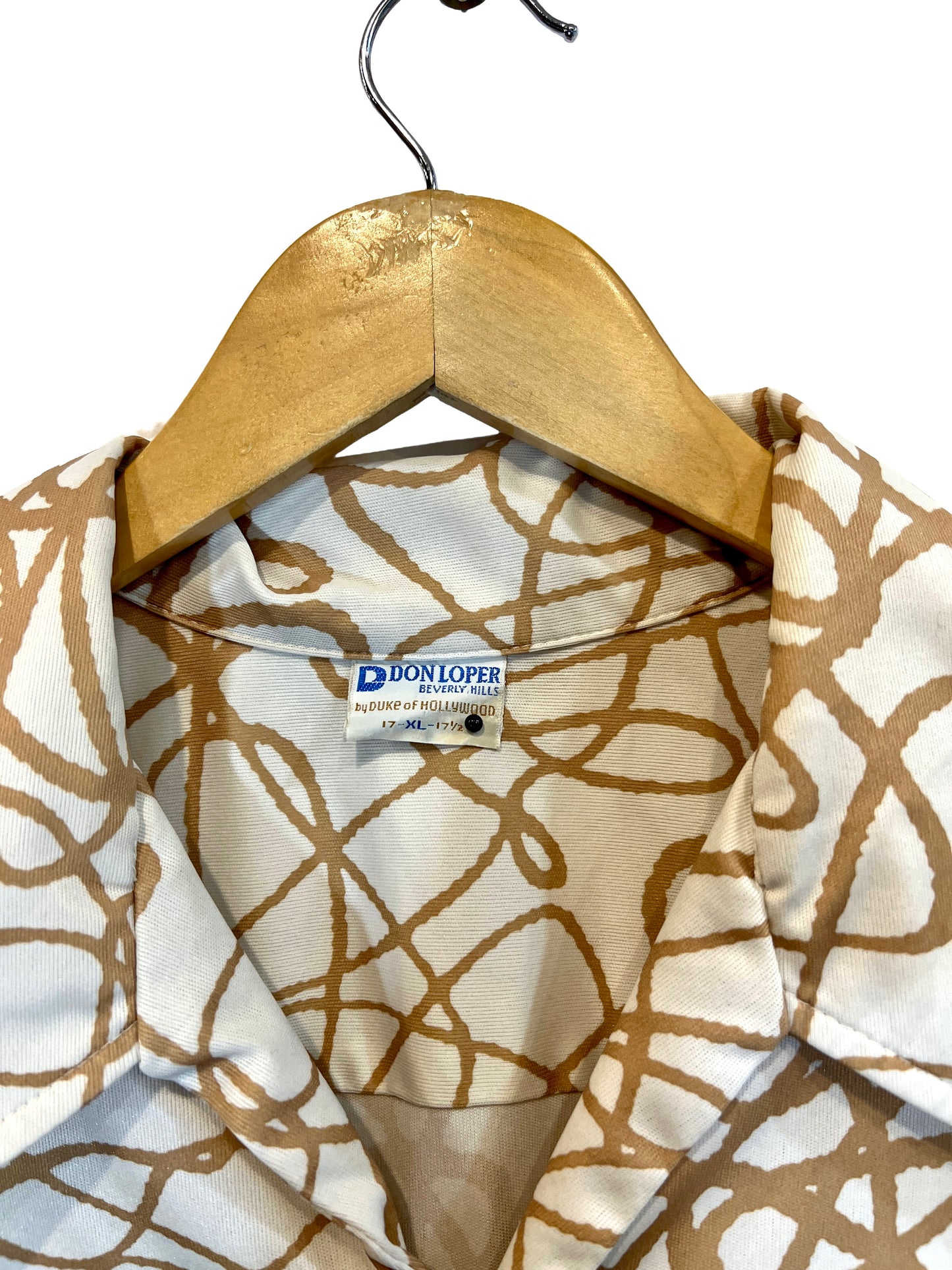 1970s White Tan Scribble Print Poly Knit SS Shirt