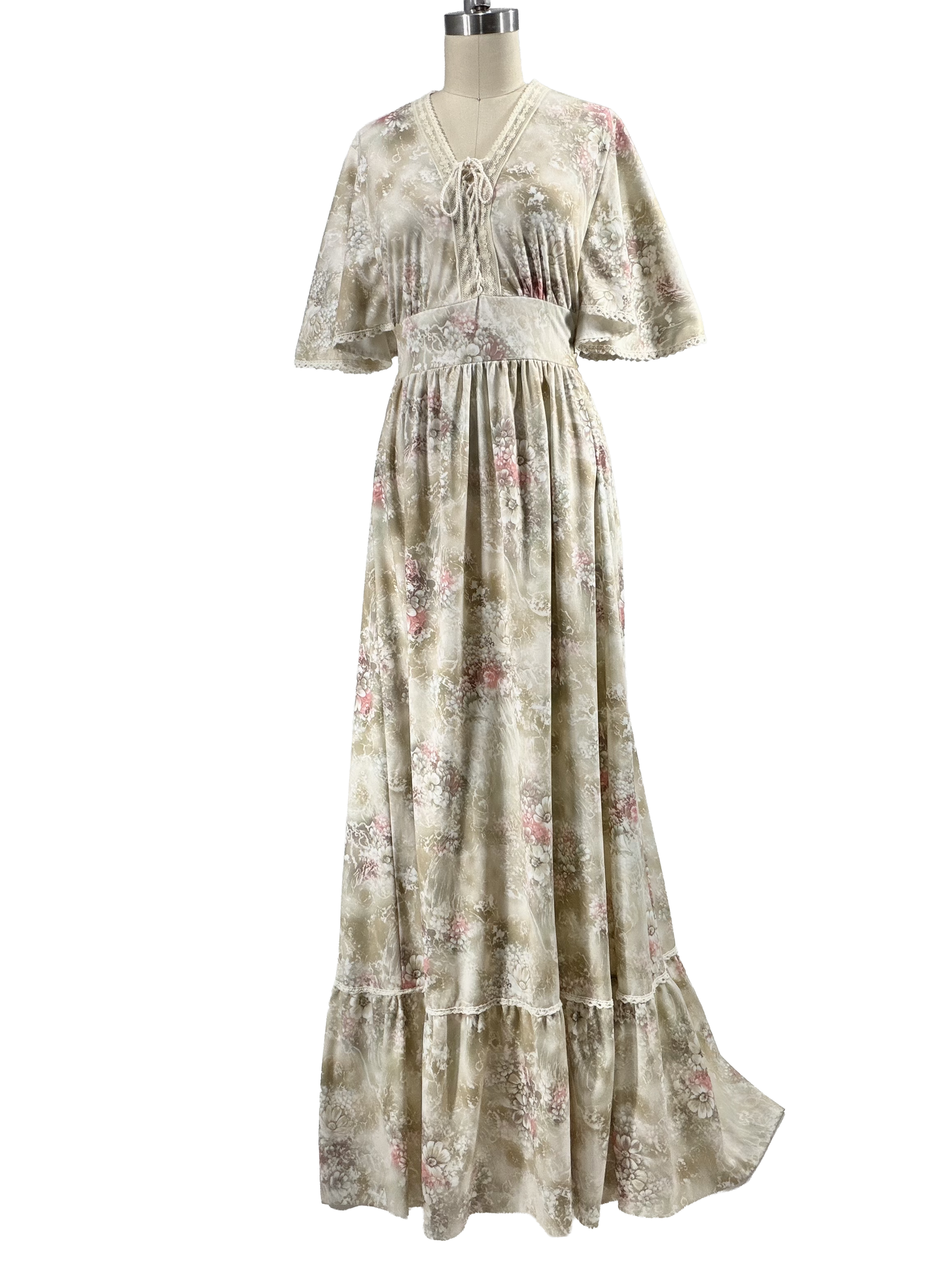 1970s Beige Pink Floral Lace-Up Bodice Cape Sleeve Maxi Dress