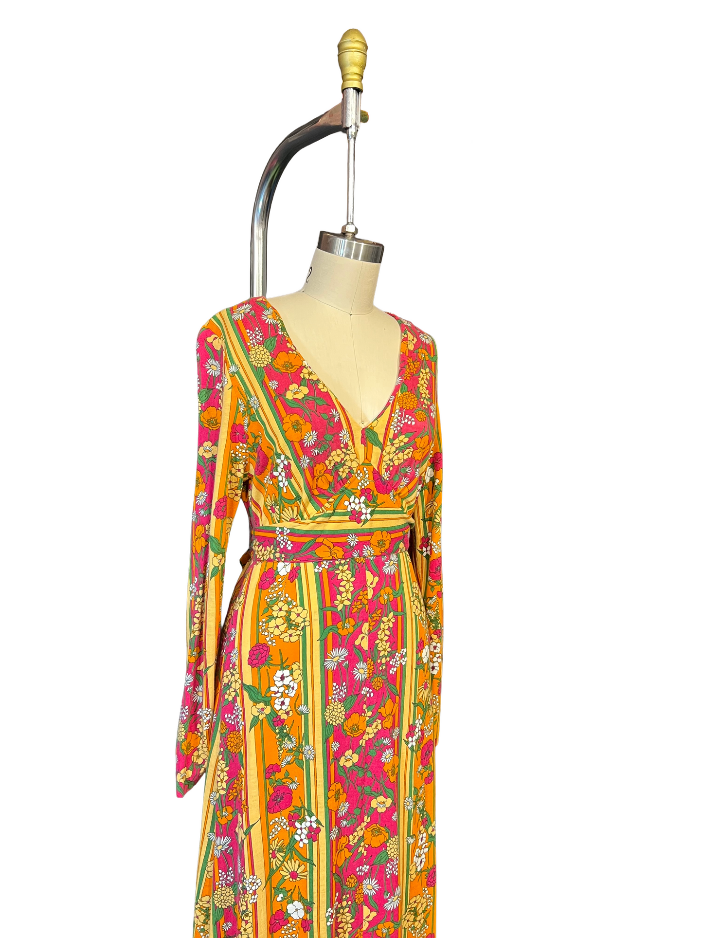 1970s Yellow Pink Orange Green Floral Stripe Cotton Fine Knit Maxi Dress