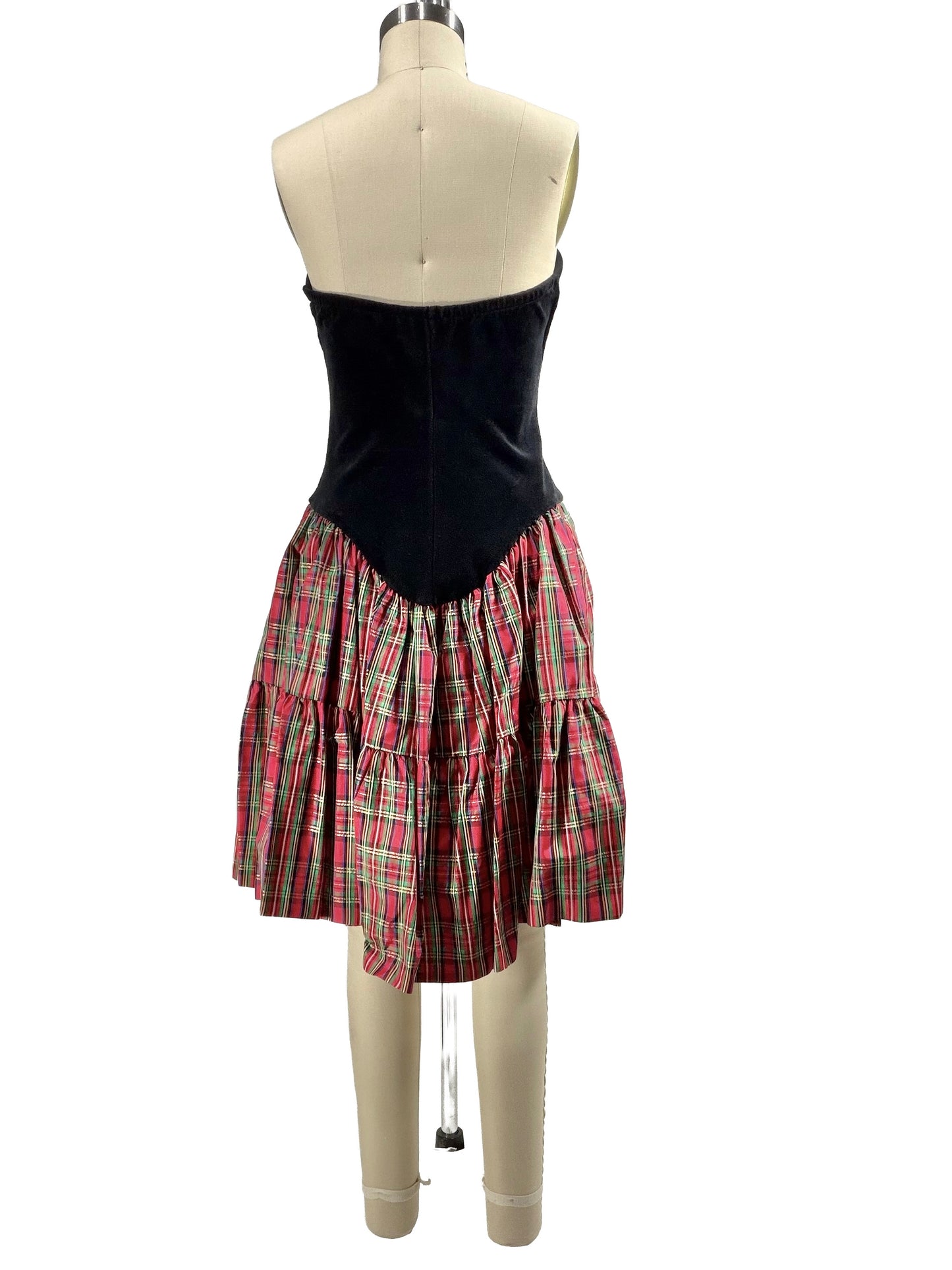 1980s Black Velour Plaid Taffeta Betsey Johnson Corset Dress