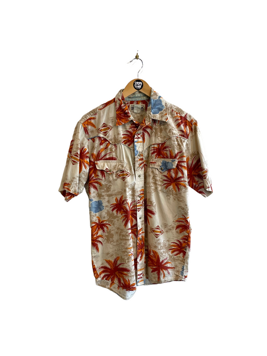 1990s 'Wrangler' Tan Red Orange Blue Tropical Canoe Print Pearl Snap Shirt