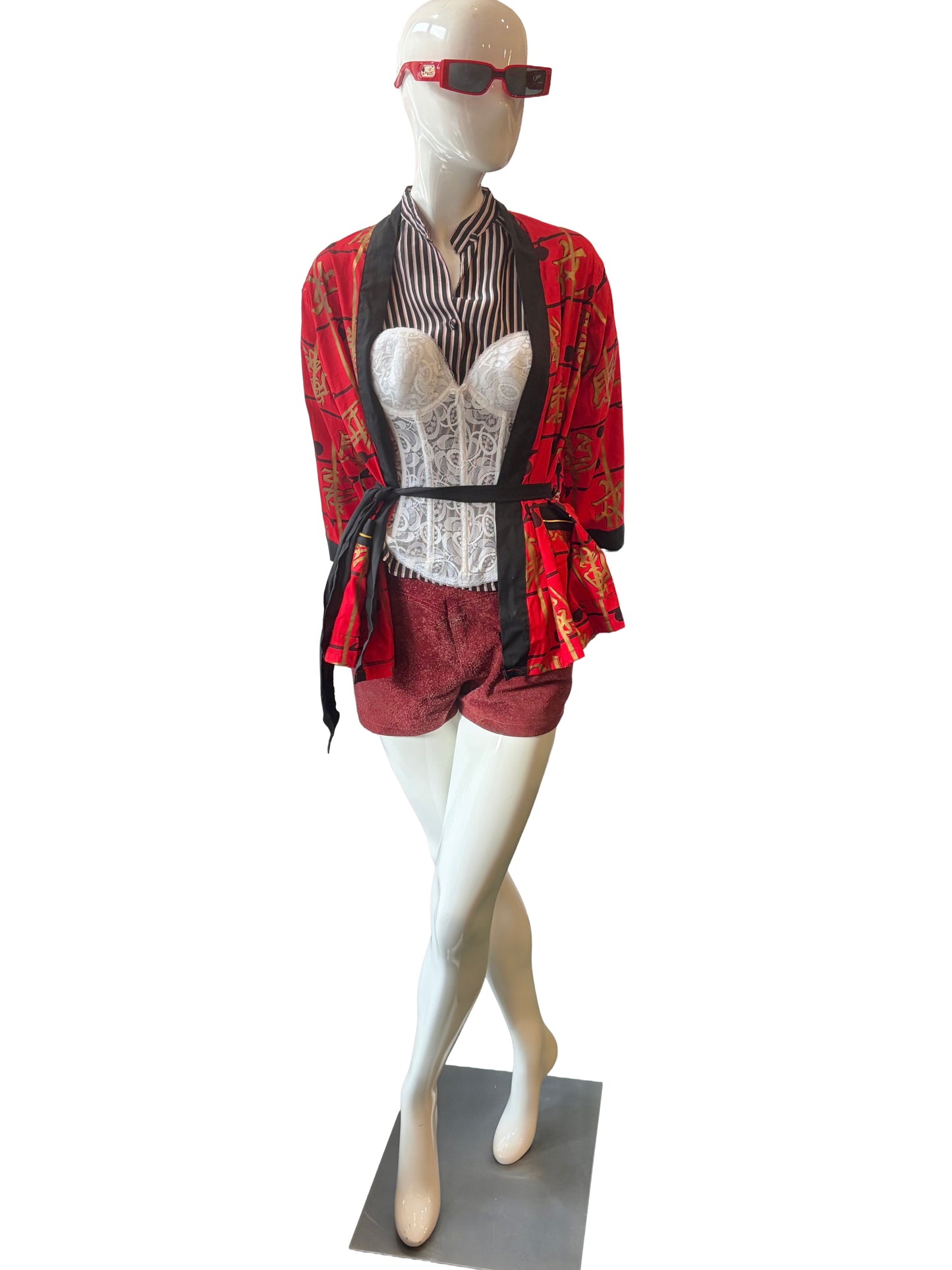 1960s Red Black Gold Screen Print Far East Inspired Cotton PJ Robe