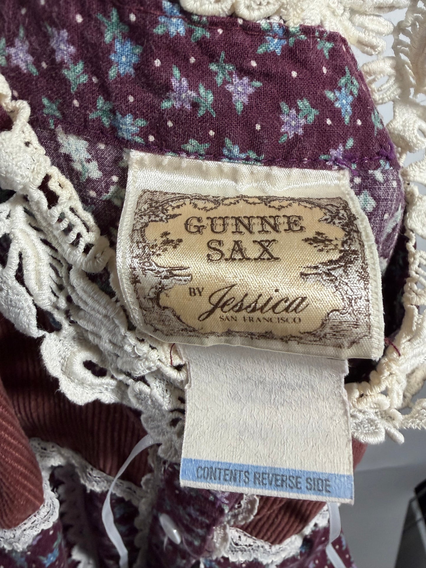 1970s Maroon Gunne Sax Ditsy Floral Tiered Cotton Prairie Dress
