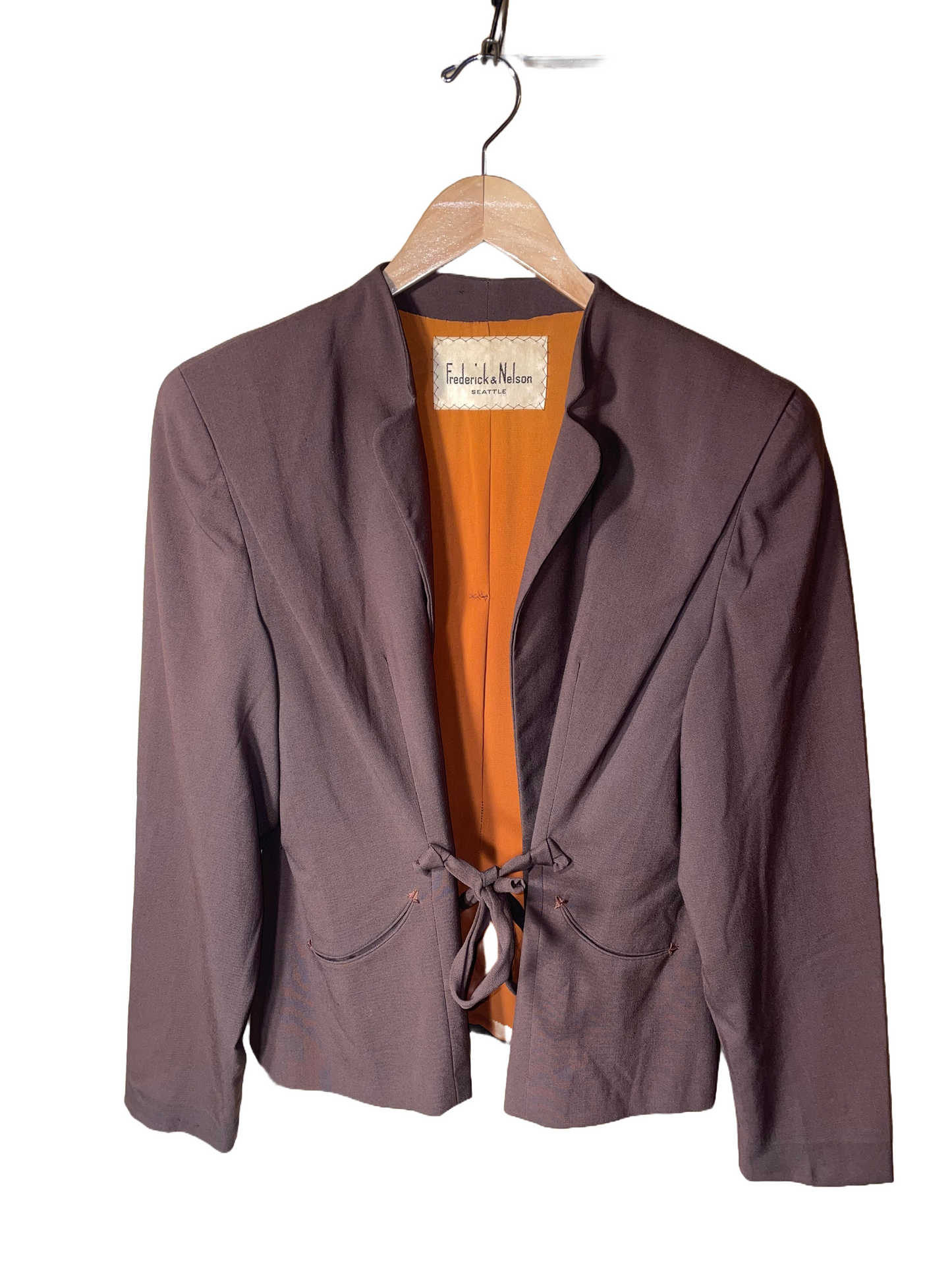 1940s Brown Rayon Self-Tie Placket Smile Pocket Blazer