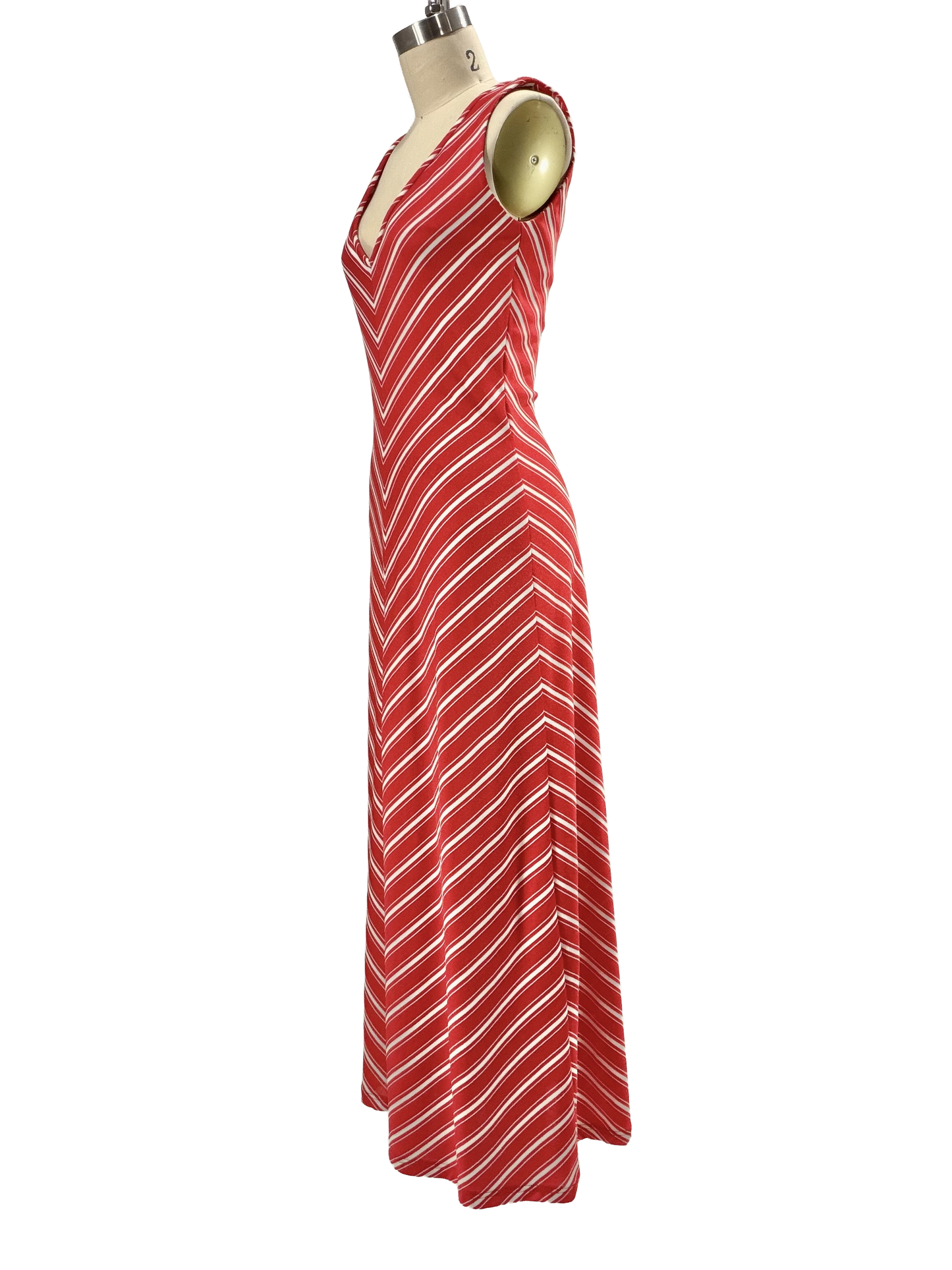 1970s Red White Chevron Stripe V-Neck Summer Dress