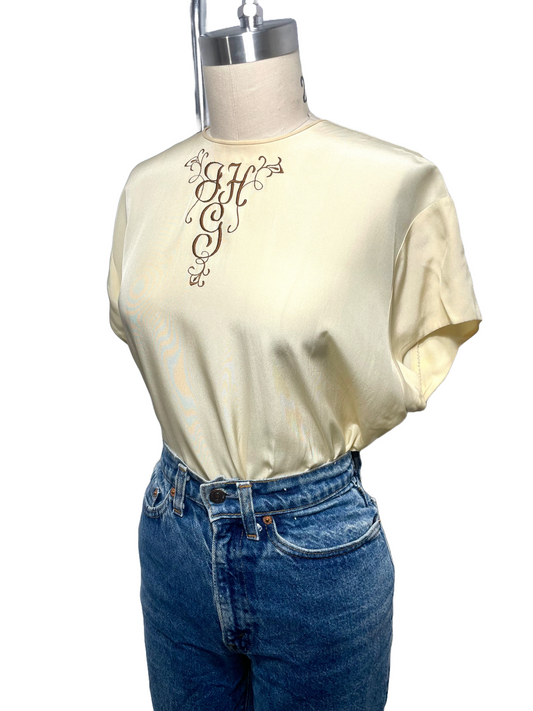 1940s Cold Rayon Monogramed JGH Cap Sleeve Top