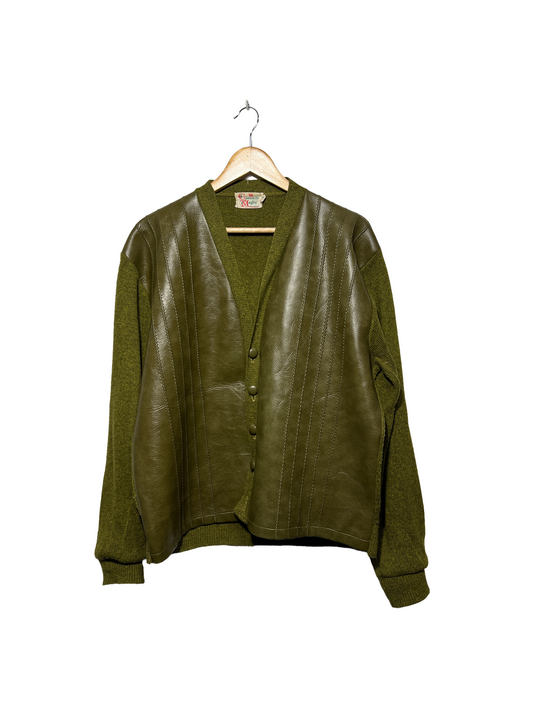1960s Deep Olive Green Pleather Panels Wool Italian Import Cardigan