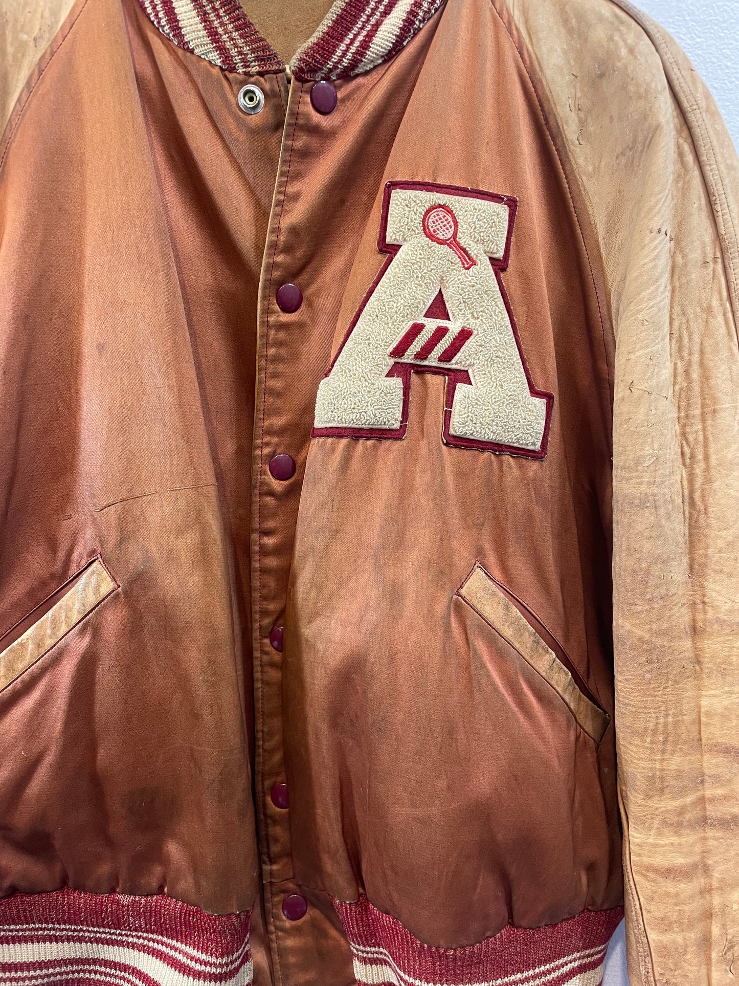 1950s U of Arkansas Reversible Suede Satin Academic Letter Jacket