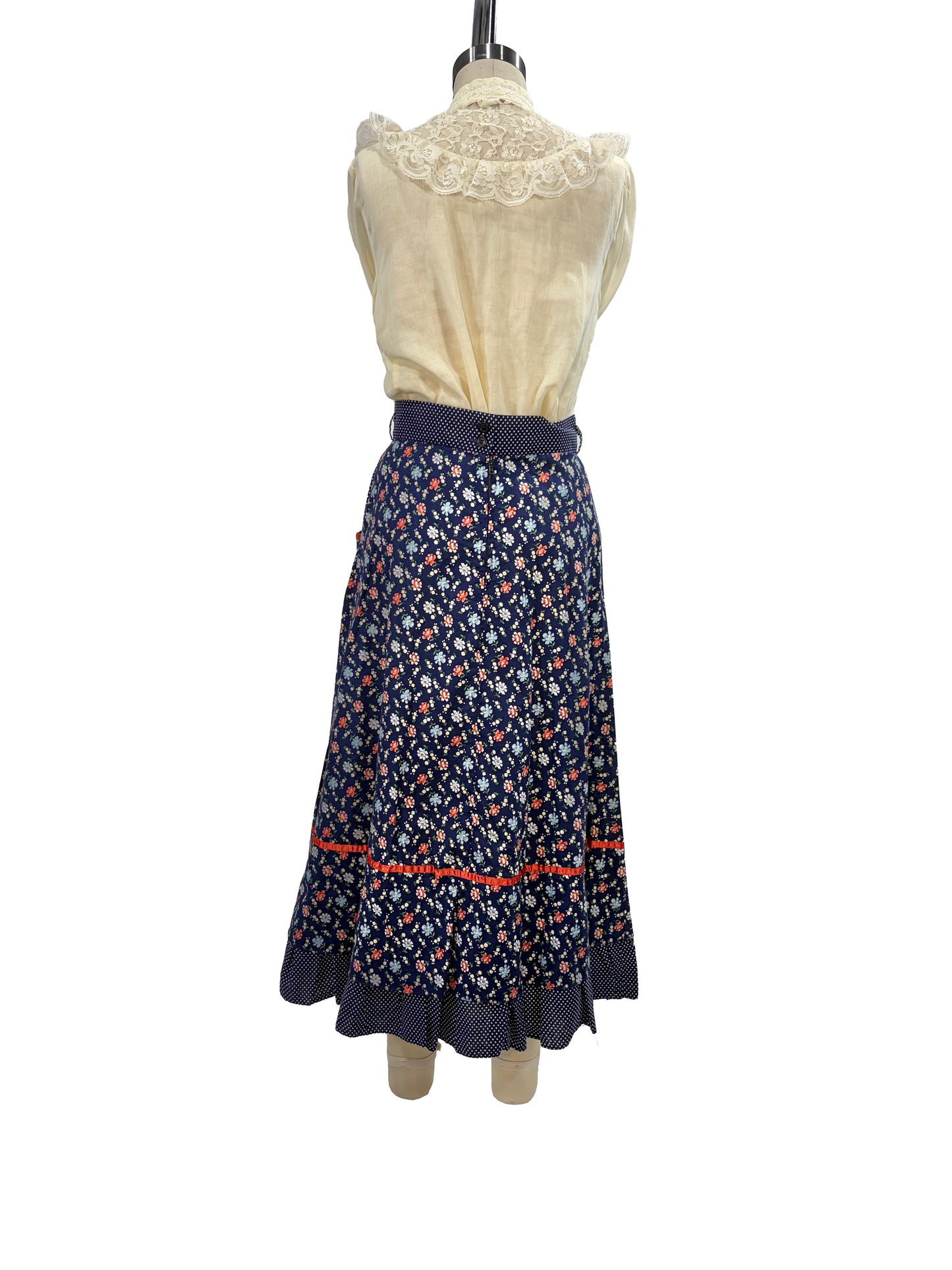 1970s Navy Calico Ruffled Cotton ‘Latch On’ Prairie Skirt