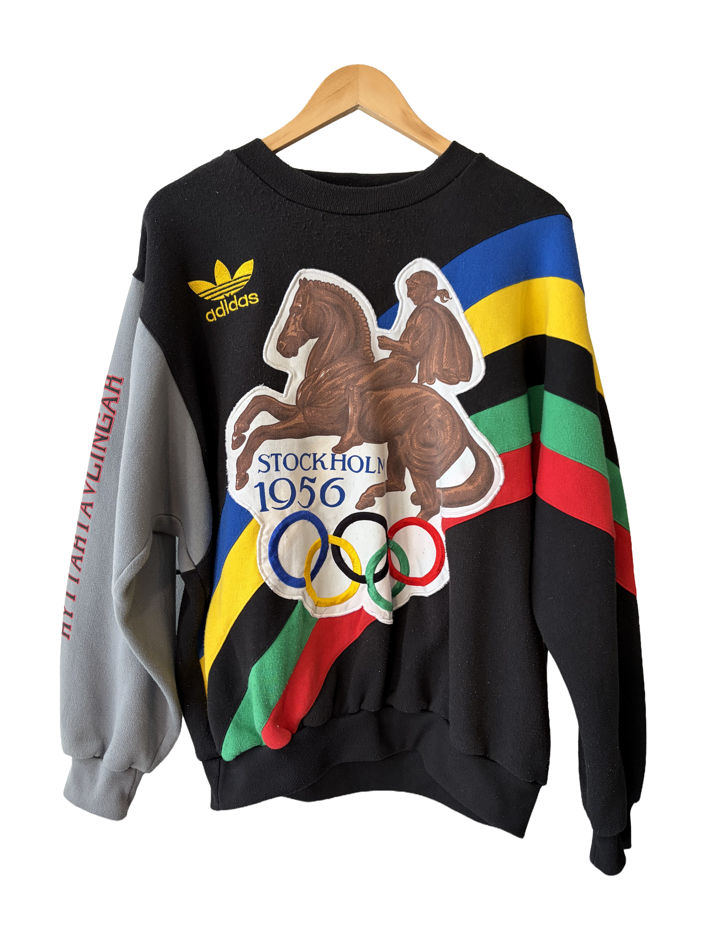 1980s Black Adidas Helsinki Stockholm Olympics Motif Applique Sweatshirt