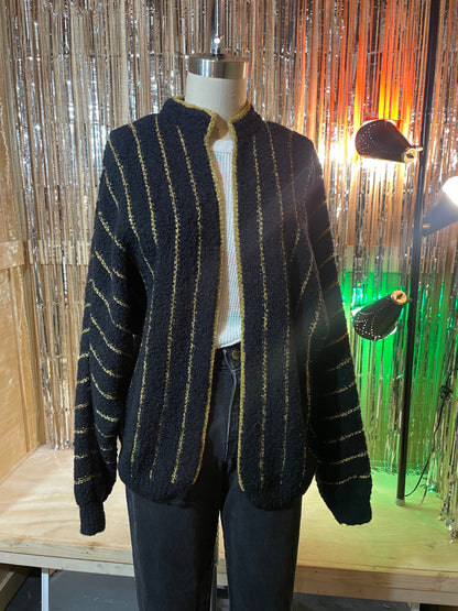 1980s Black Gold Stripe Batwing Open Boucle Knit Cardigan