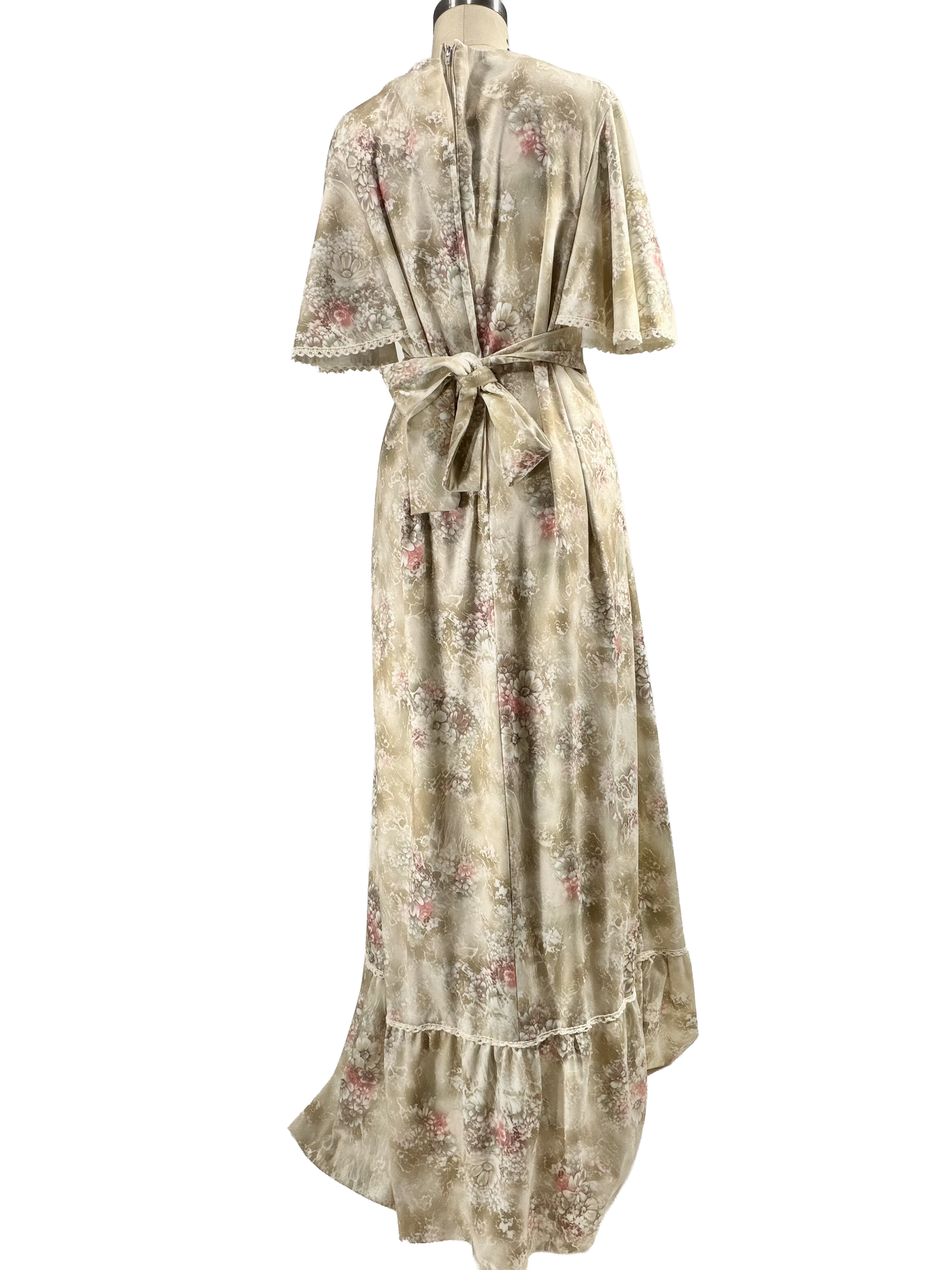 1970s Beige Pink Floral Lace-Up Bodice Cape Sleeve Maxi Dress