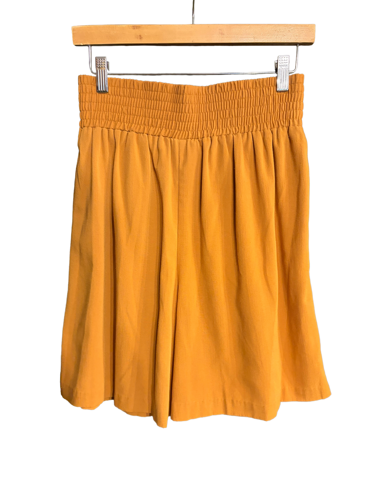 1990s Ochre Yellow Rayon Blend Smocked Waist Culotte Shorts