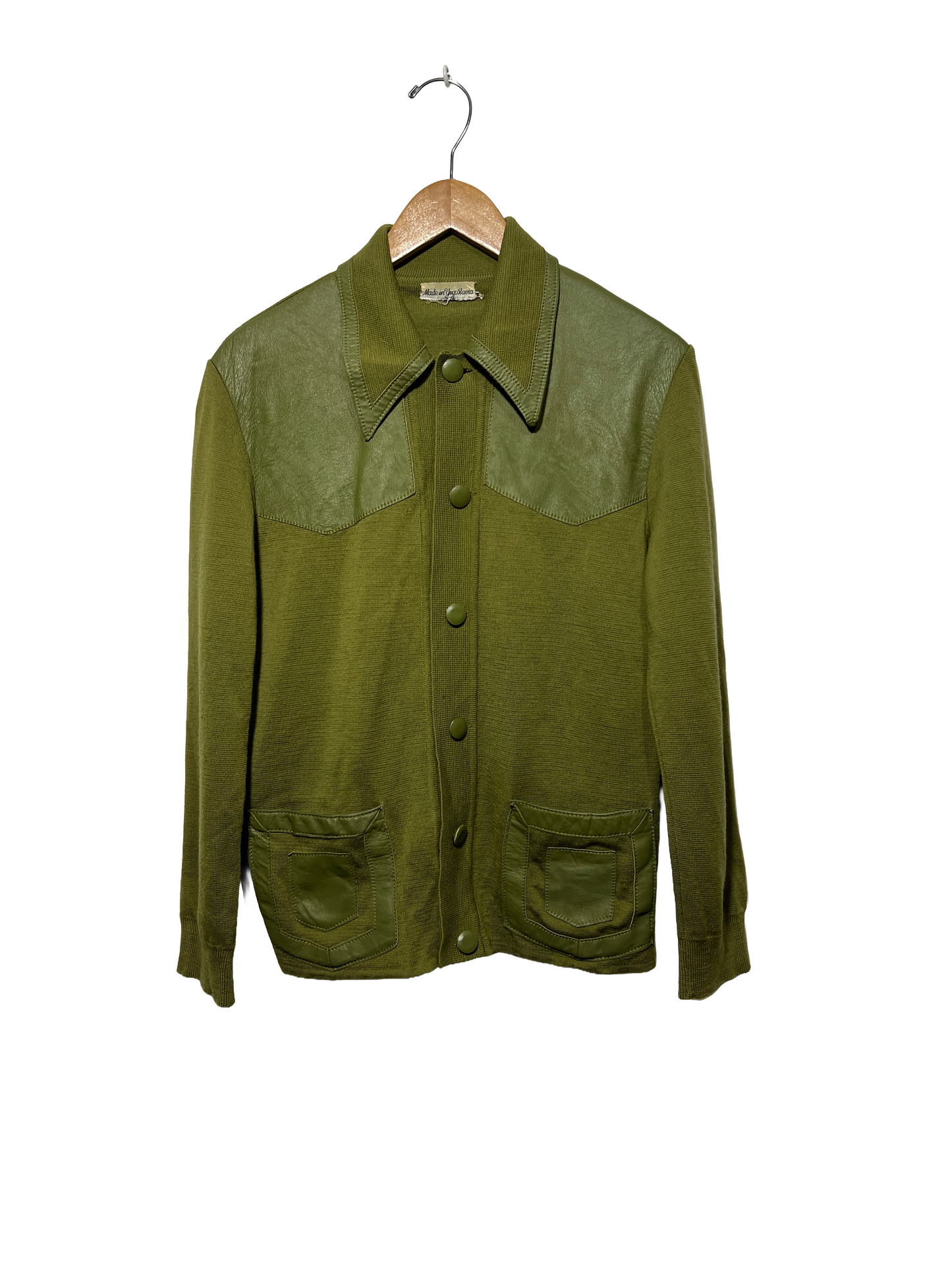 1970s Olive Fine Knit Wool Leather Panels Point Collar Cardigan