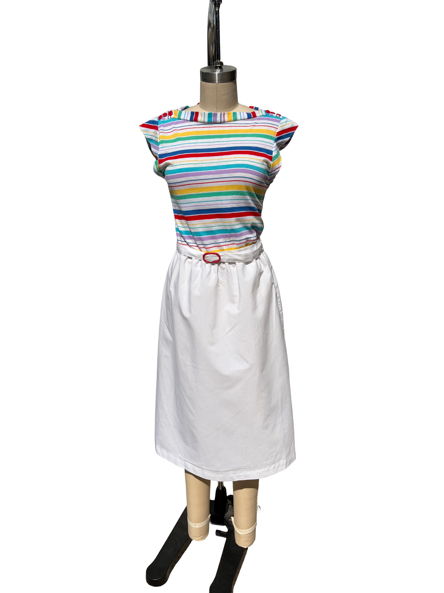 1970s White Rainbow Stripe Belted Cotton Summer Dress