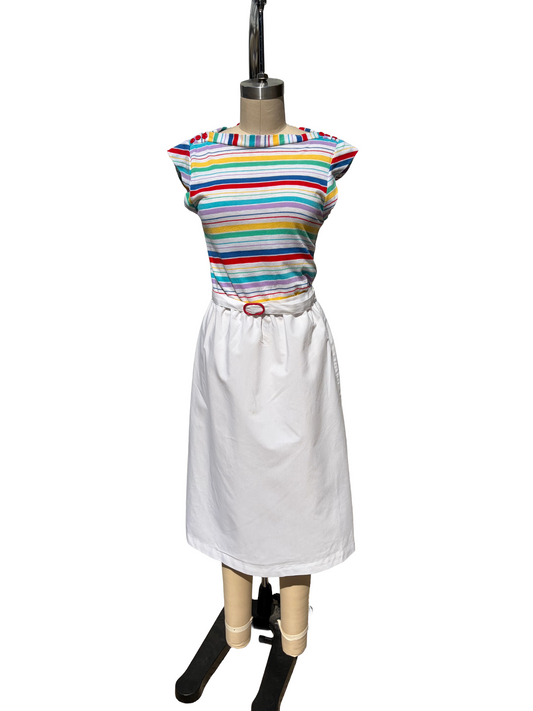 1970s White Rainbow Stripe Belted Cotton Summer Dress