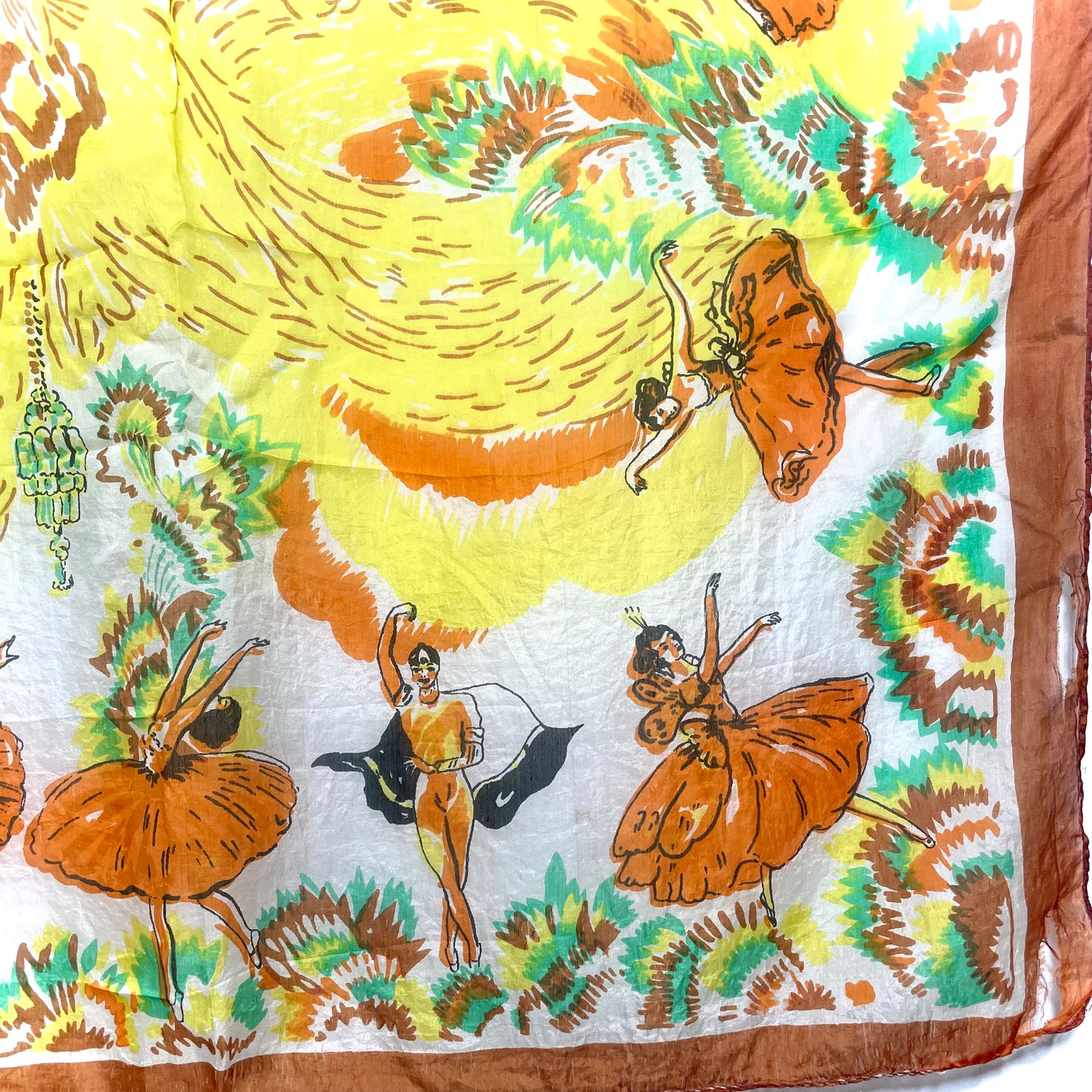 1940s French Ballet Orange Yellow Lightweight Silk Scarf