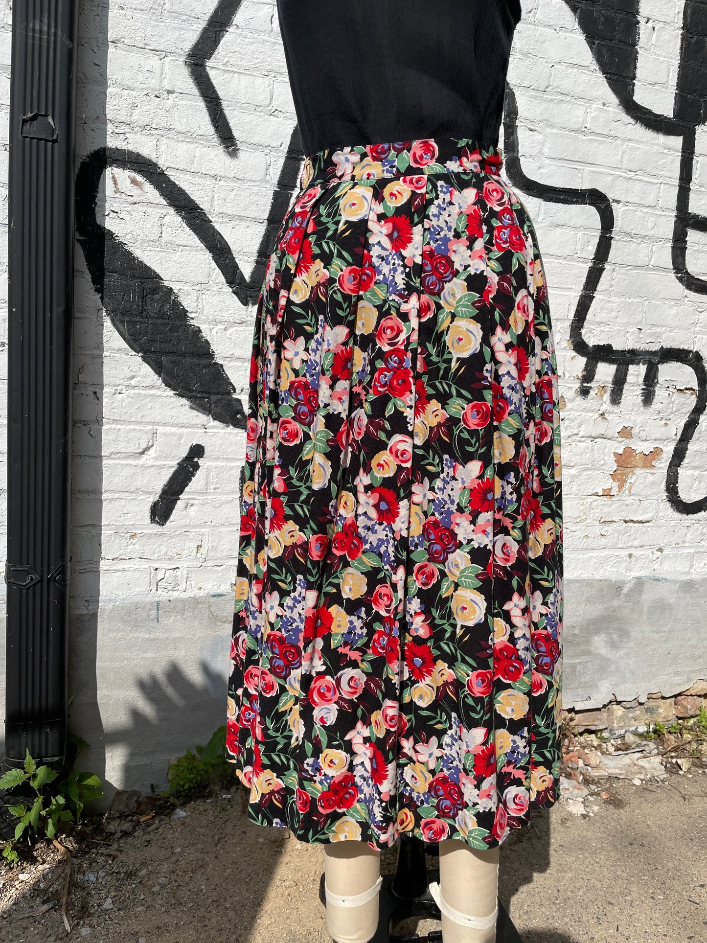 1990s Multicolor Floral Rayon Midi Skirt