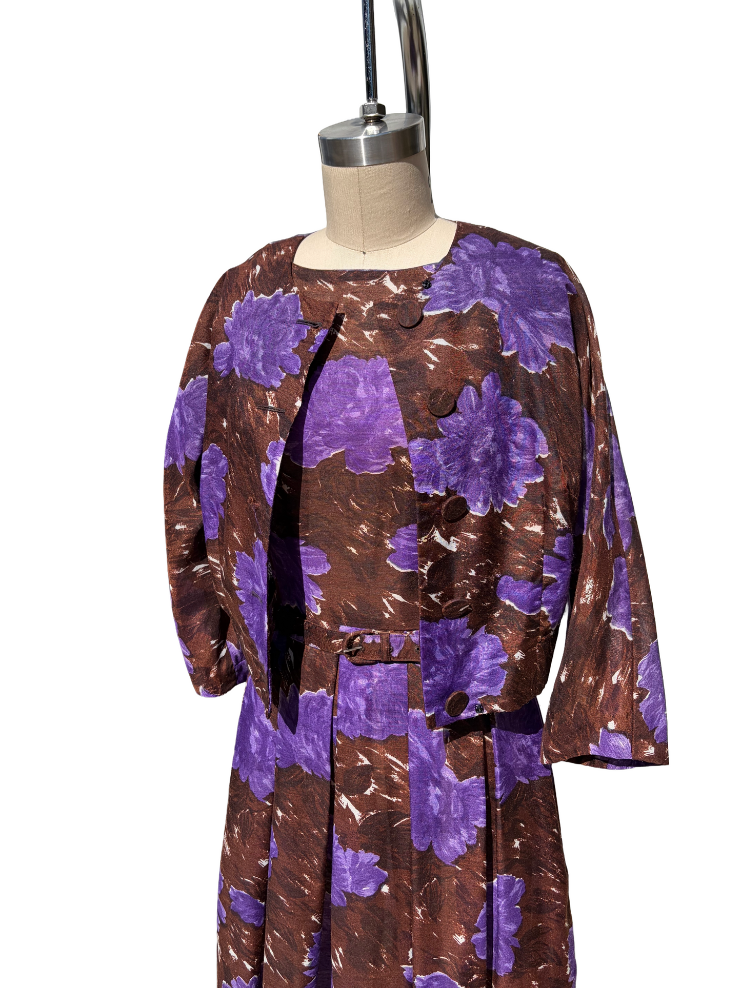 1950s Brown Purple Painterly Print L’Aiglon Bolero Day Dress