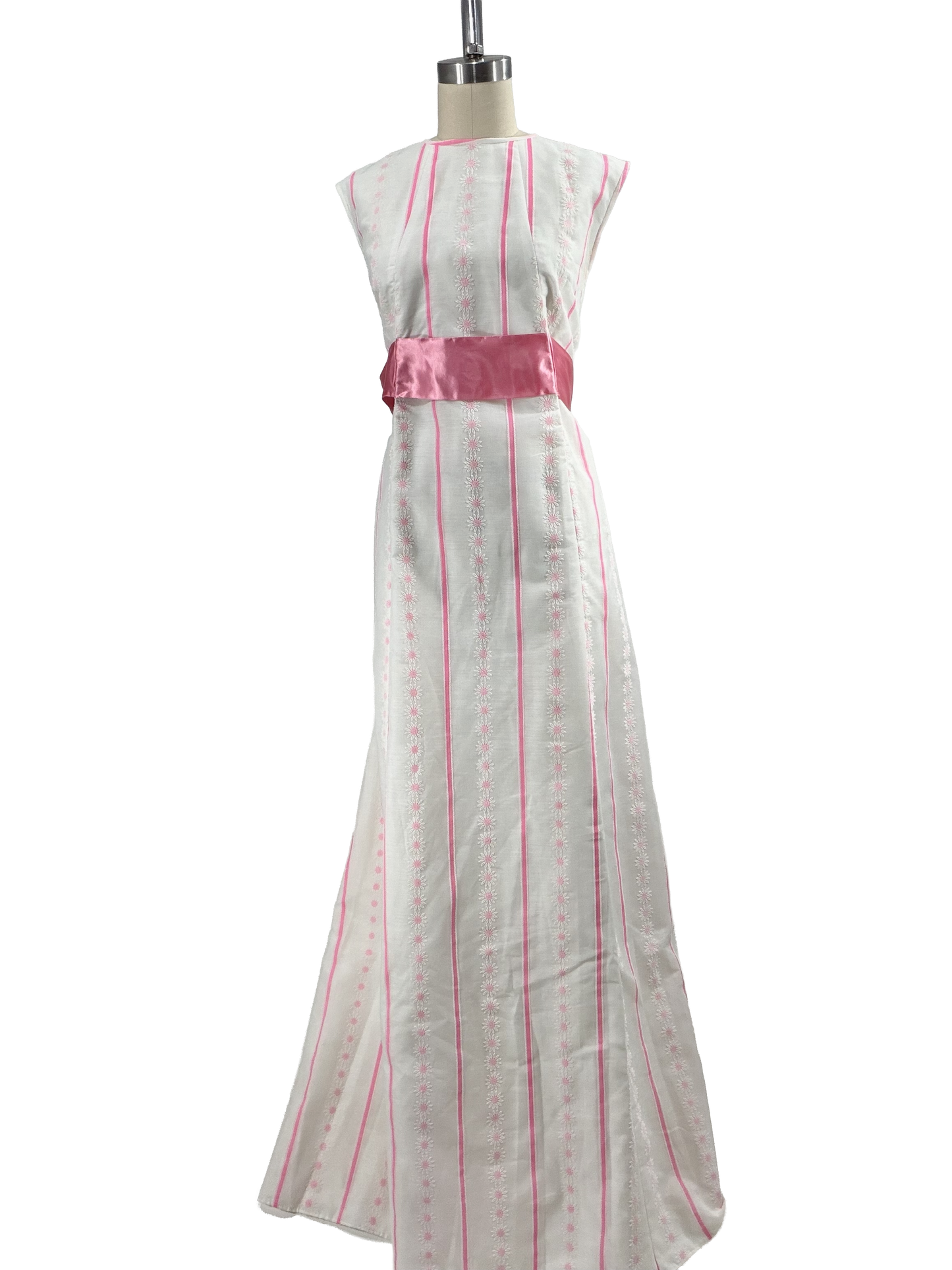 1960s White Hot Pink Chalk Stripe Sash Sleeveless Formal Gown